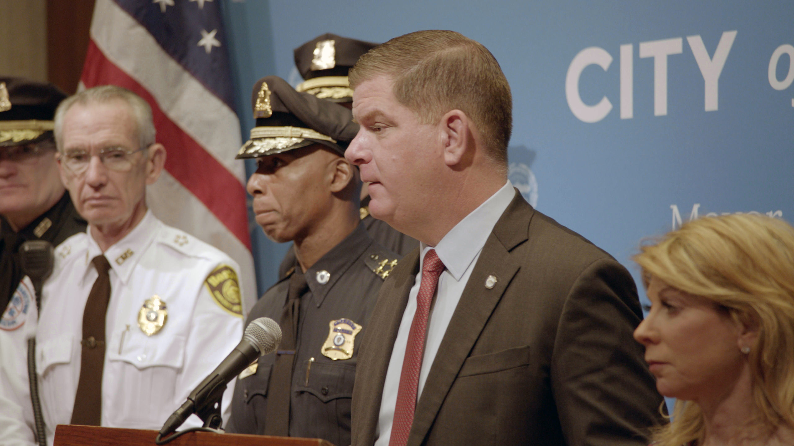 Mayor and police at press conferemce in Frederick Wiseman's newest film, 