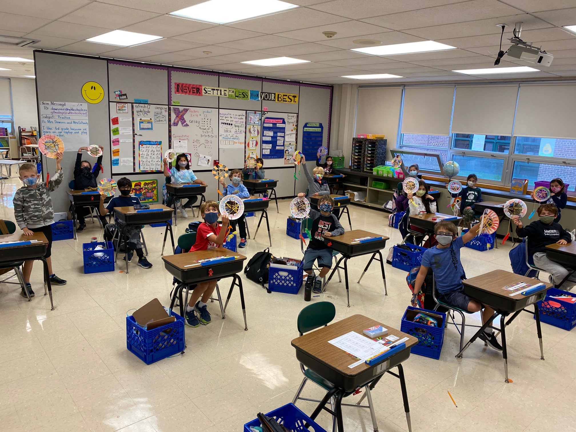To coincide with a unit of study on cultures around the world, third graders at Westhampton Beach Elementary School read the realistic fiction story “The Dream Catcher” to learn about the Ojibwe Native Americans. Inspired by the tale, they created their own dream catchers using paper plates, string and crayons. 