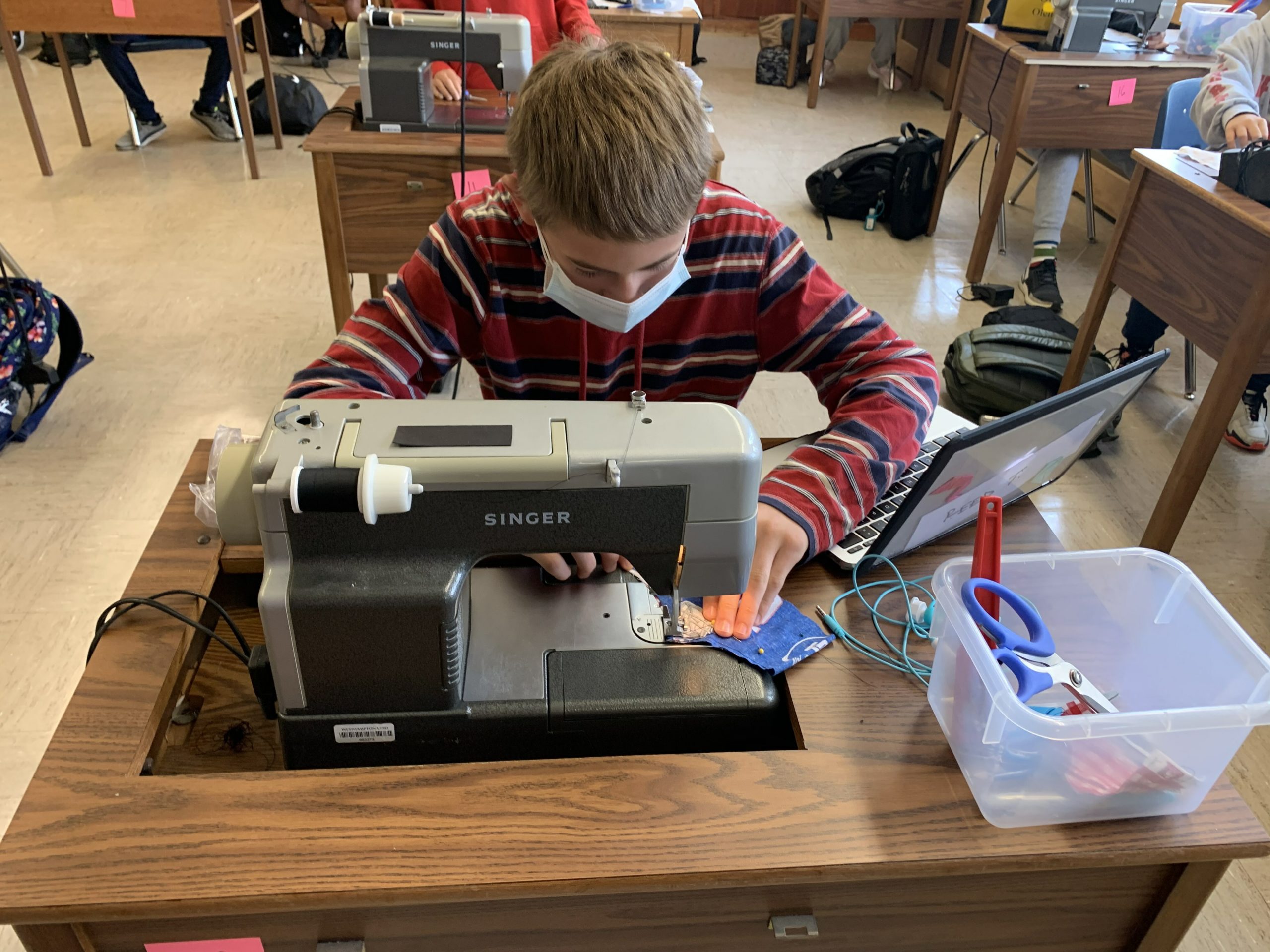 Using pins, fabric and sewing machines, Kathleen Ciancio’s seventh and eighth grade family and consumer sciences students at Westhampton Beach Middle School put their sewing skills into practice and learned how to stitch their own face masks. After mastering mask making, the students plan to sew more for those in need. 