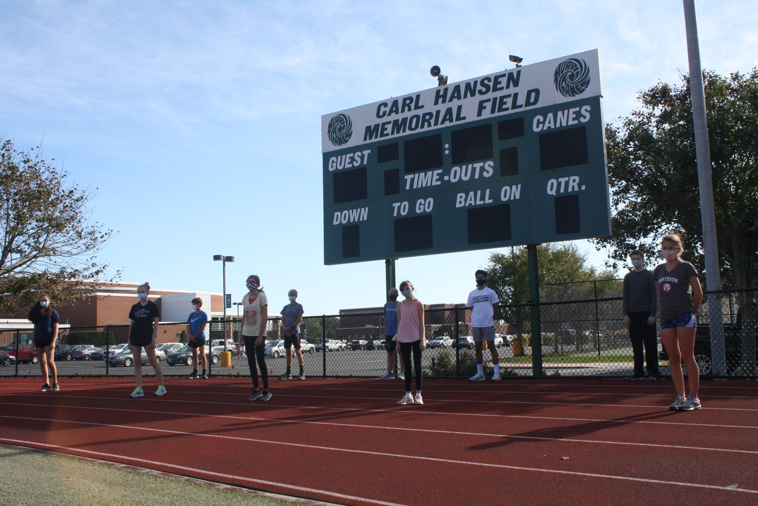 Members of the Westhampton Beach boys and girls track and field teams out on the track last week for a socially distanced practice session as part of the school's intramurals program. Westhampton Beach is offering intramurals for traditional spring sports in October, and will offer the program for fall sport athletes in November. CAILIN RILEY