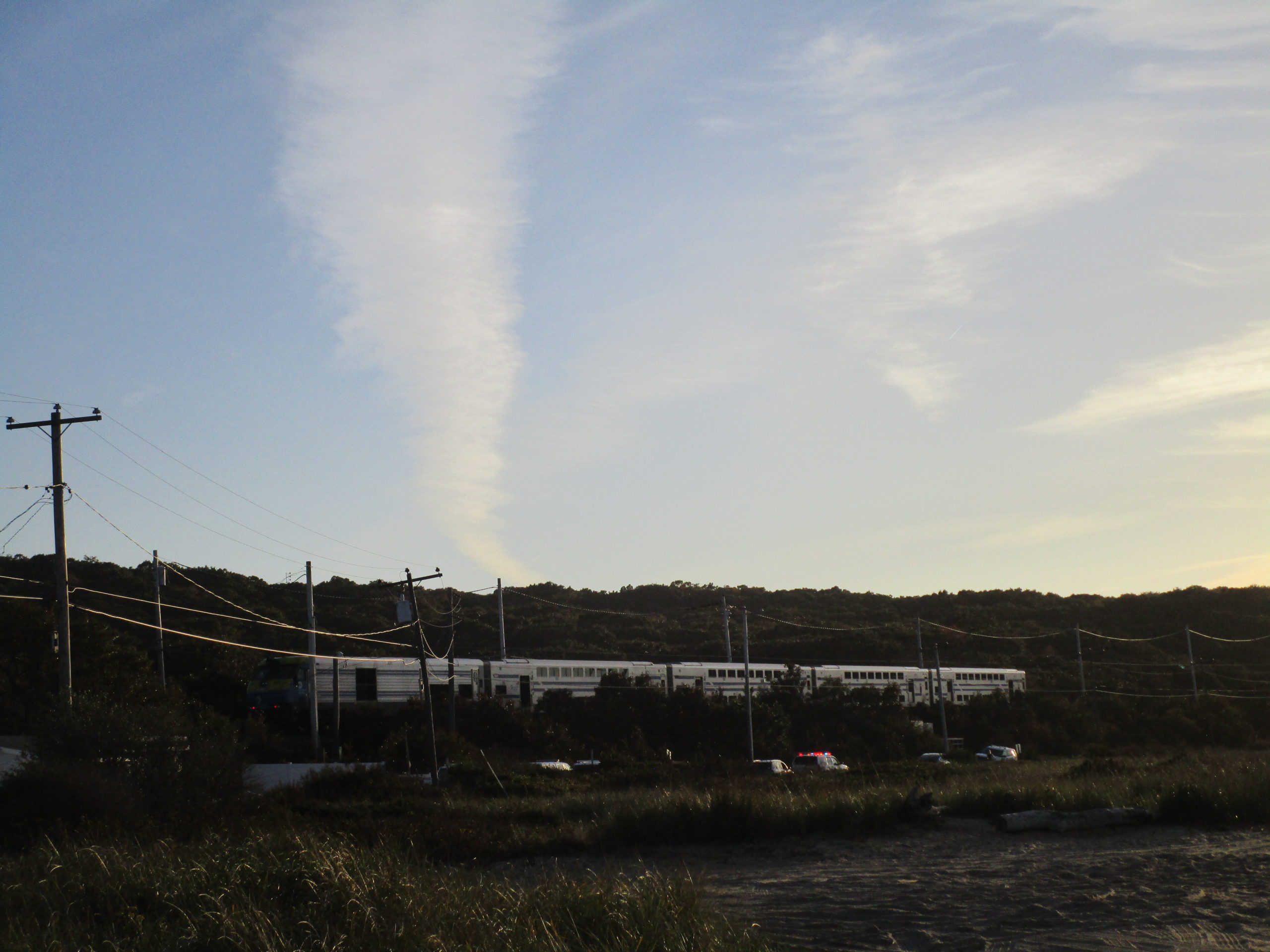 A Long Island Rail Road train stalled near Navy Beach in Montauk, about a mile from its intended destination. The Montauk Fire Department had to be called out to help the 15 passengers aboard disembark via ladder on a steeply sloping track bed. 