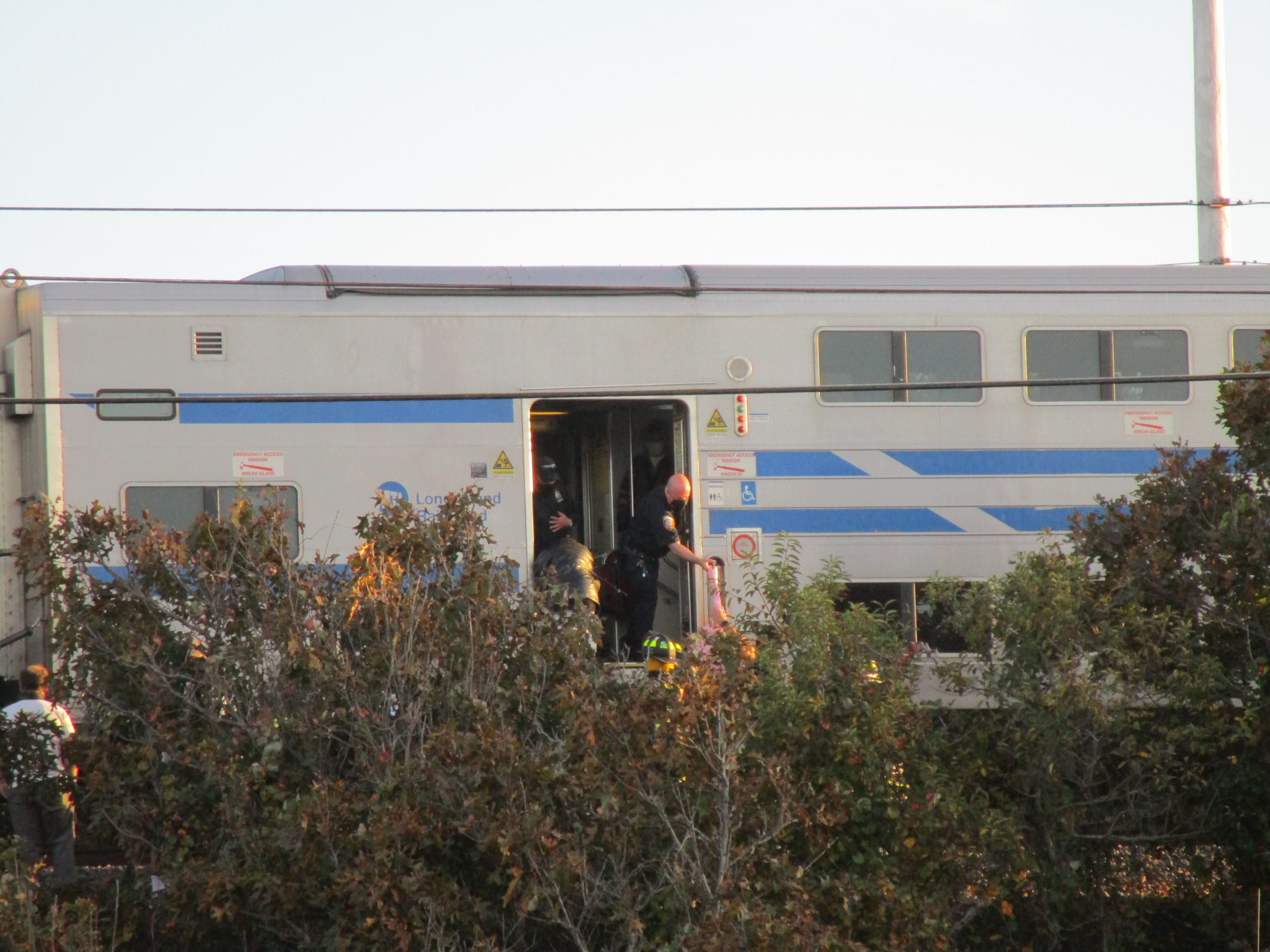 A Long Island Rail Road train stalled near Navy Beach in Montauk, about a mile from its intended destination. The Montauk Fire Department had to be called out to help the 15 passengers aboard disembark via ladder on a steeply sloping track bed. 