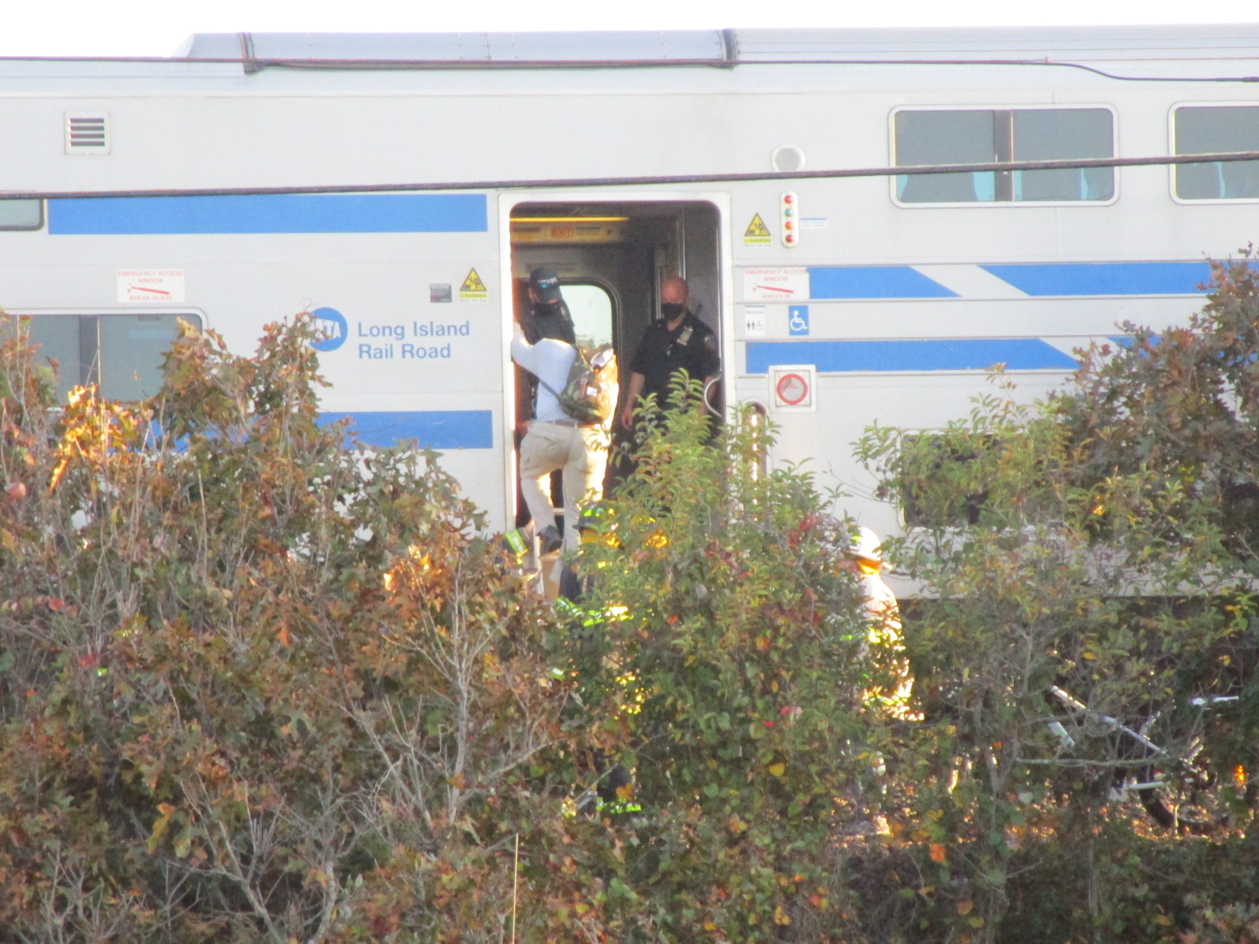 A Long Island Rail Road train stalled near Navy Beach in Montauk, about a mile from its intended destination. The Montauk Fire Department had to be called out to help the 15 passengers aboard disembark via ladder on a steeply sloping track bed. 