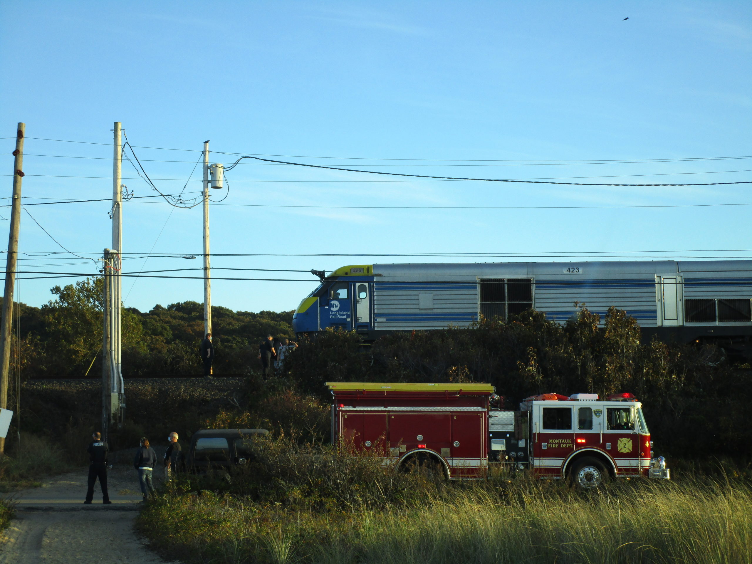 A Long Island Rail Road train stalled near Navy Beach in Montauk, about a mile from its intended destination. The Montauk Fire Department had to be called out to help the 15 passengers aboard disembark via ladder on a steeply sloping track bed. 