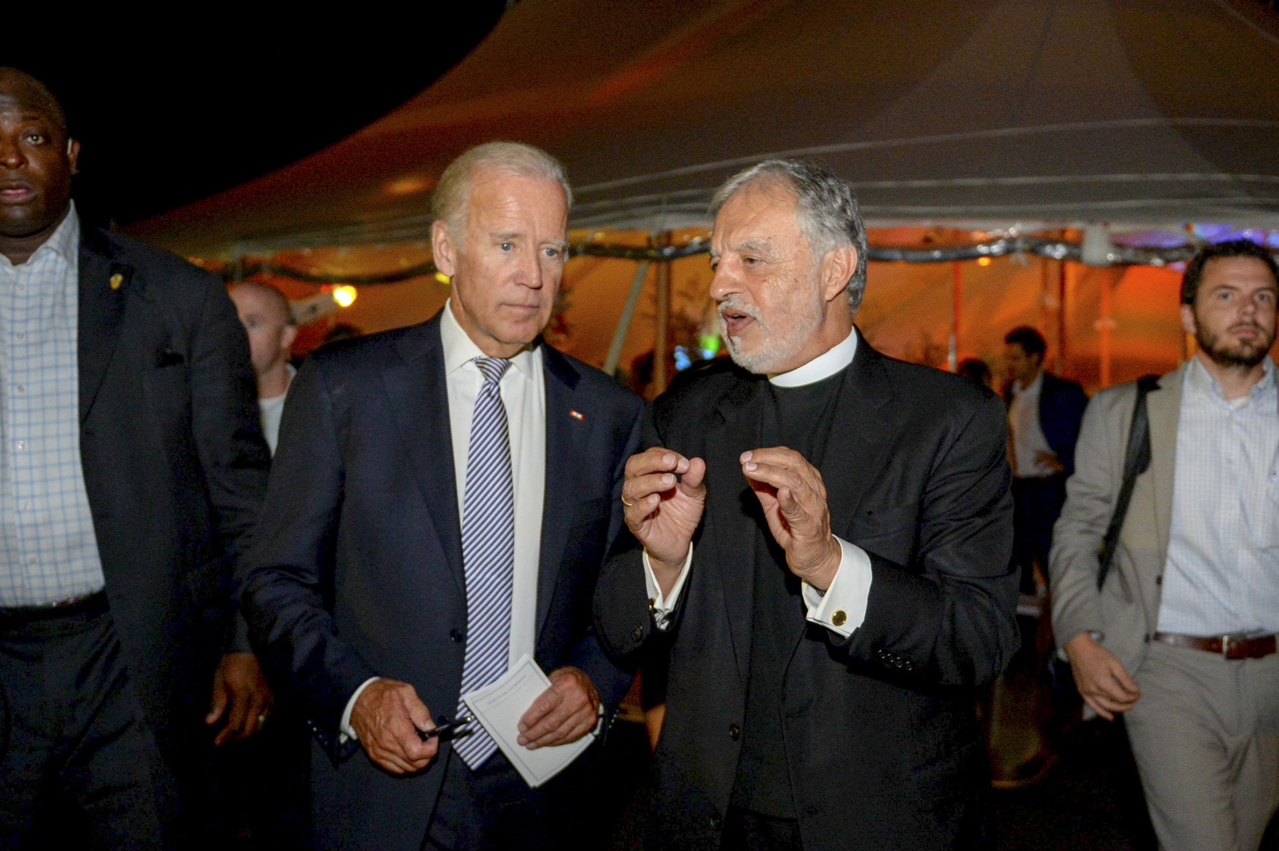 President-elect Joe Biden with Father Alex Karloutsos at the 2016 Blue Dream Gala at the the Dormition of the Virgin Mary Greek Orthodox Church of the Hamptons. JOHN MINDALA