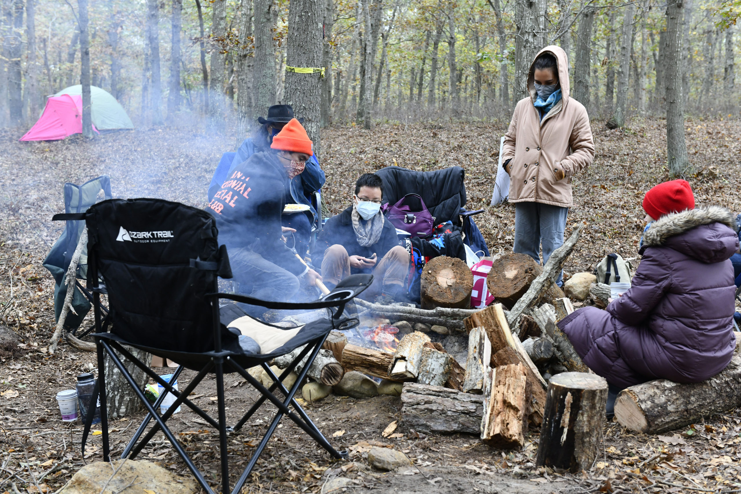 Members of the Shinnecock Indian Nation at The Sovereignty Camp on Sunday morning, the first day of a month-long encampment on tribal land.   DANA SHAW