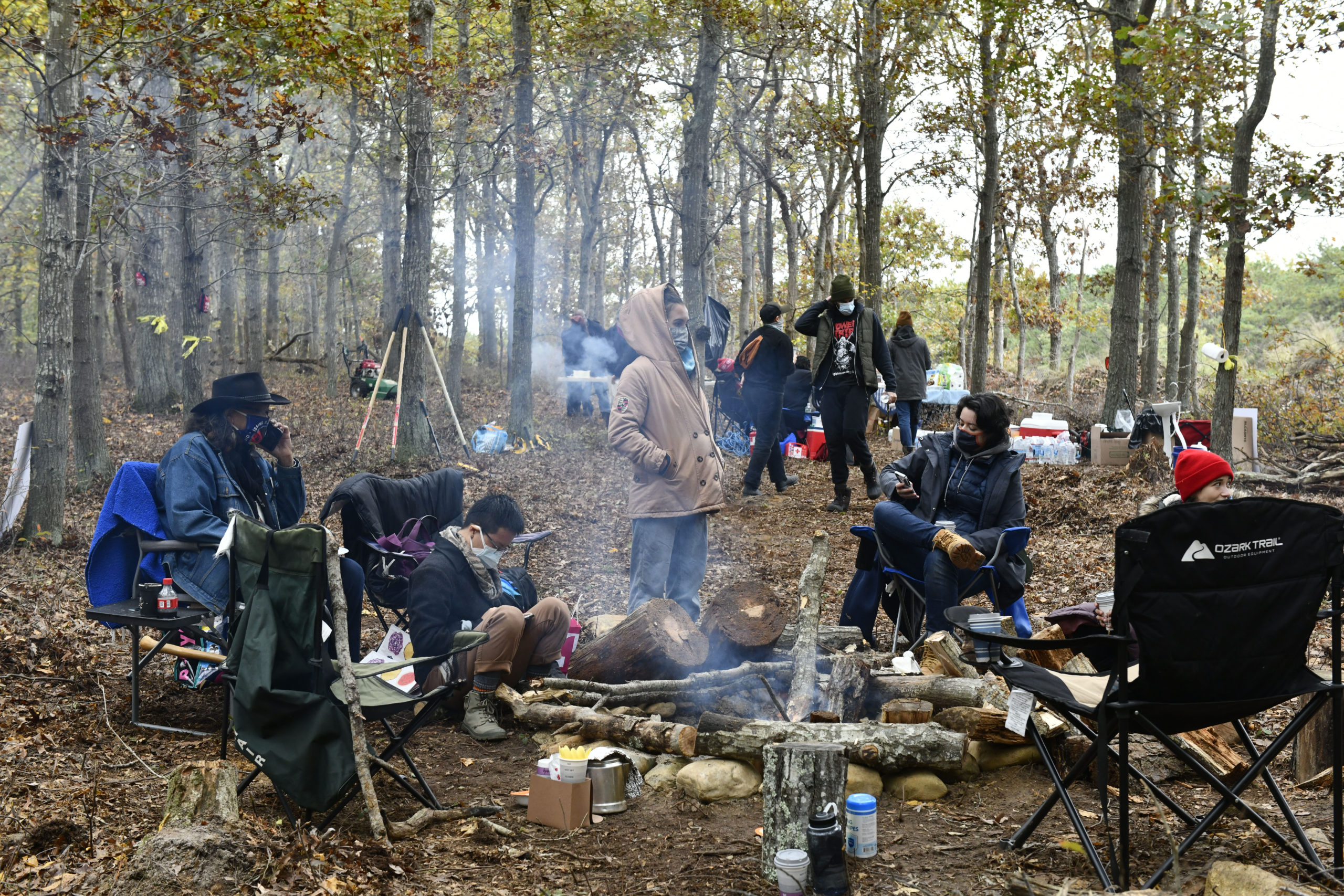 Members of the Shinnecock Indian Nation AT The Sovereignty Camp on Sunday morning, the first day of a month-long encampment on tribal land.   DANA SHAW