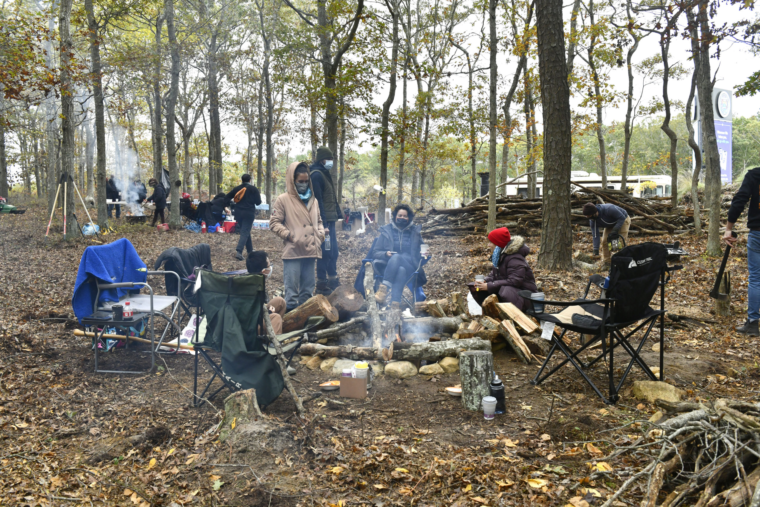 Members of the Shinnecock Indian Nation AT The Sovereignty Camp on Sunday morning, the first day of a month-long encampment on tribal land.   DANA SHAW