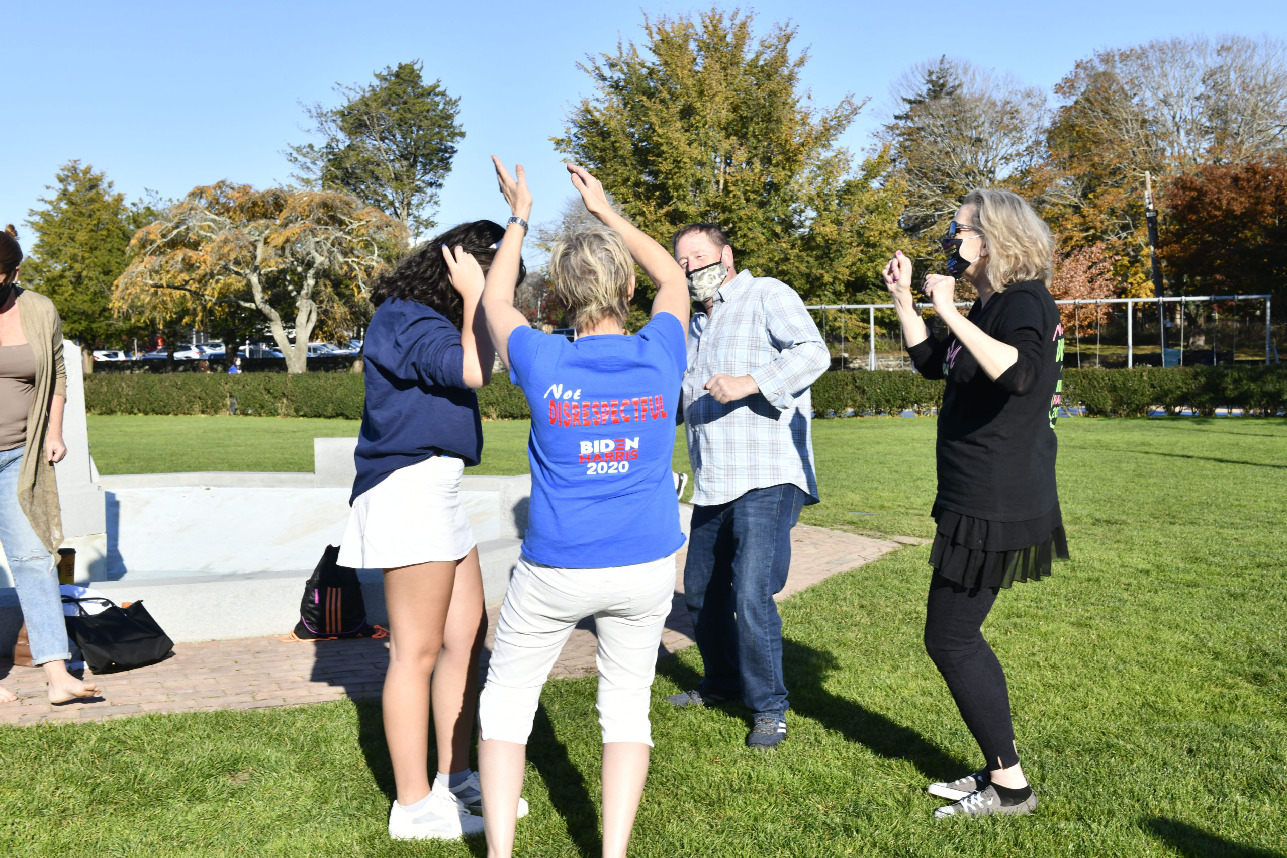 Joe Biden supporters celebrate his victory in Agawam Park on Sunday.   