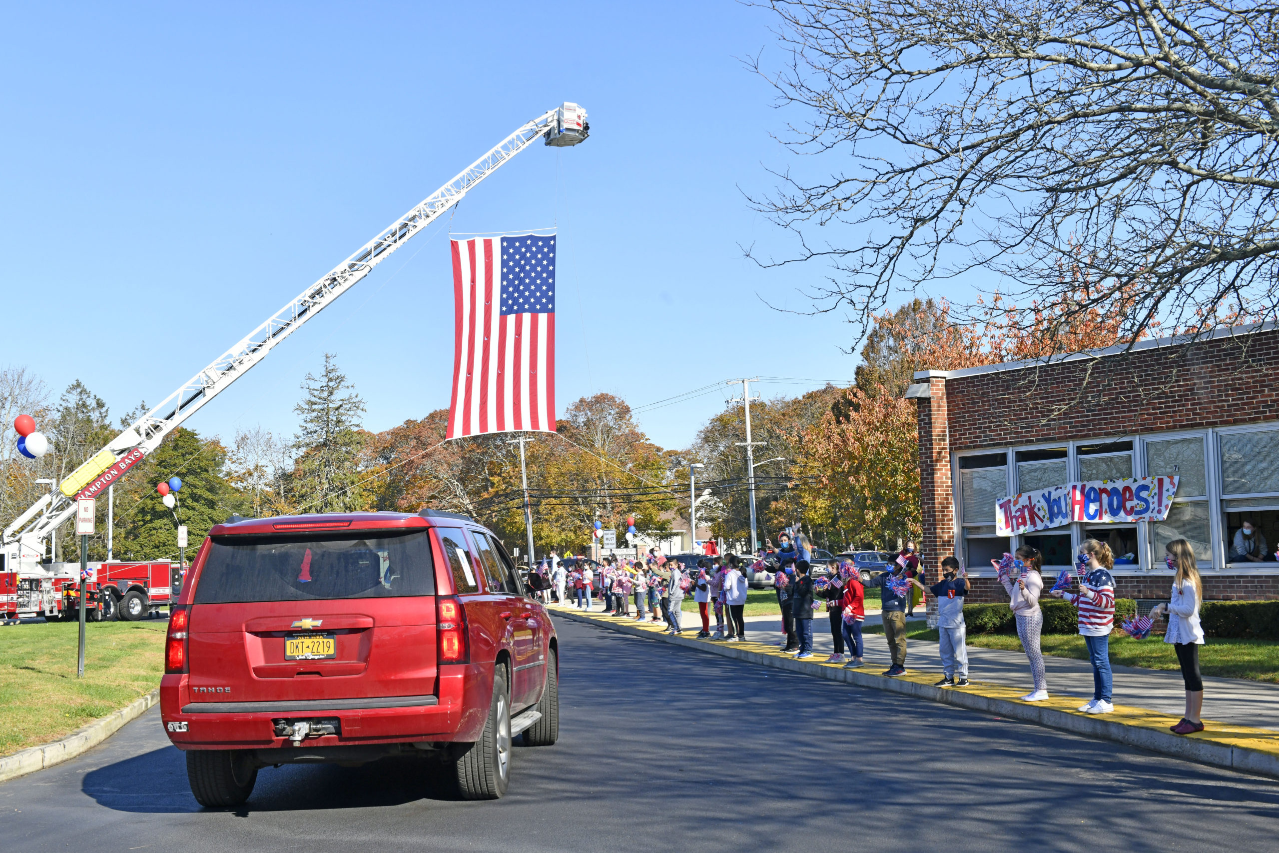 Students at Hampton Bays Elementary School held a socially distant Veterans Day celebration on Monday.