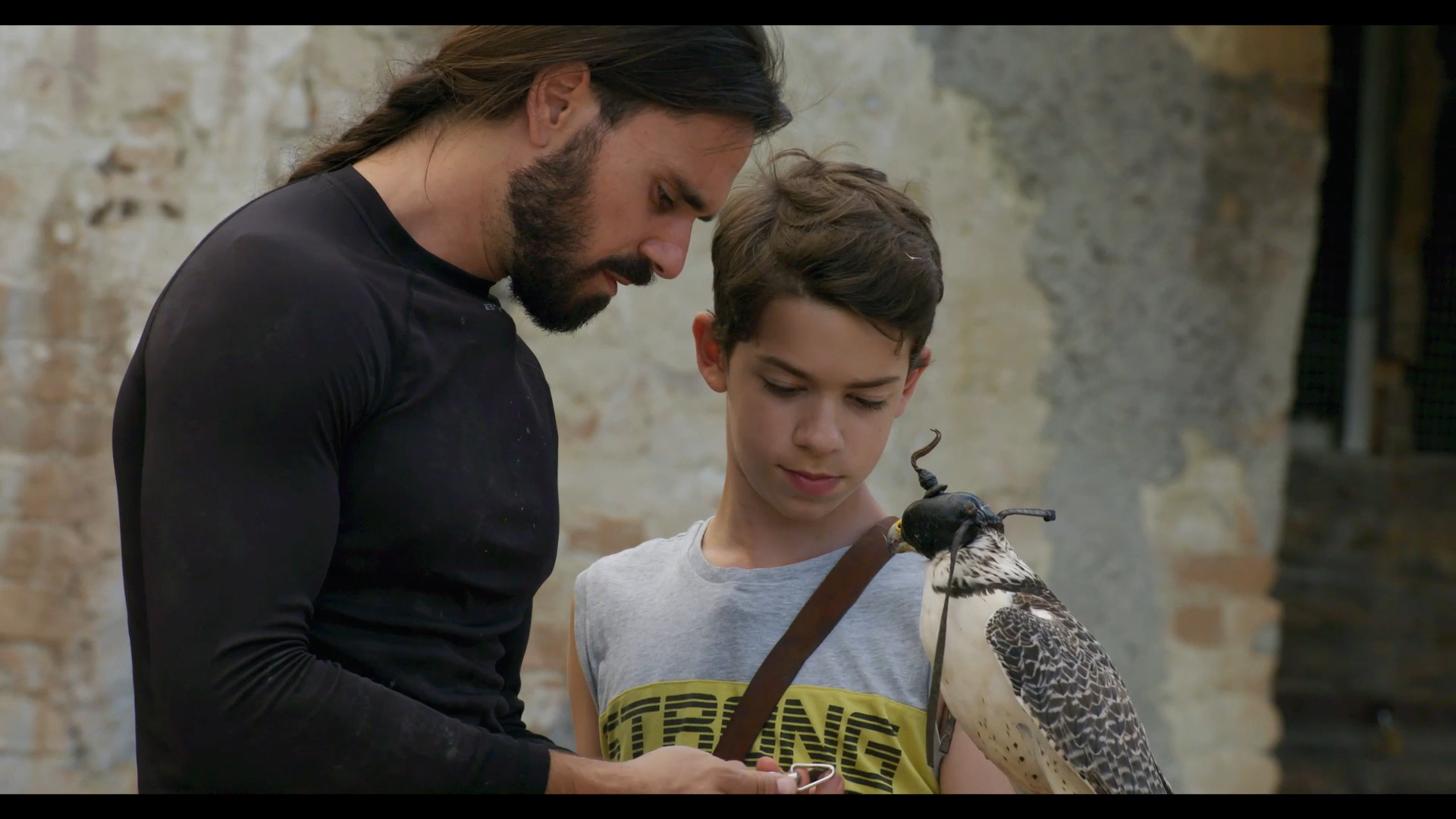 Giovanni Granati and his son, Angelo, working with a falcon in Italy.