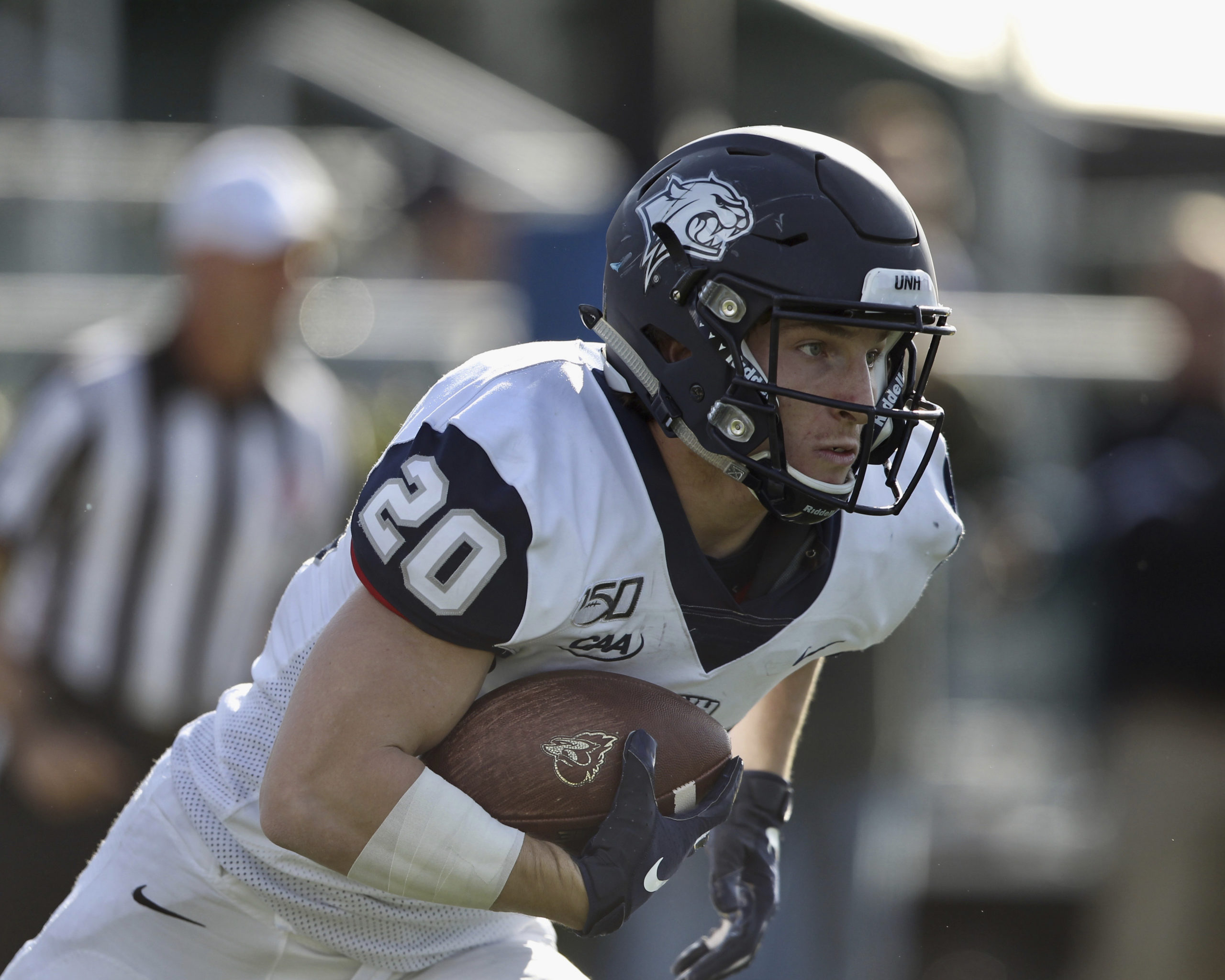 Westhampton Beach graduate Dylan Laube is in his junior season at the University of New Hampshire, trying to adjust to a new normal in the time of Covid-19. He and his UNH teammates are hoping they can play an abbreviated football season in the spring, and were allowed to practice this fall.       SCOTT GREENWALD 