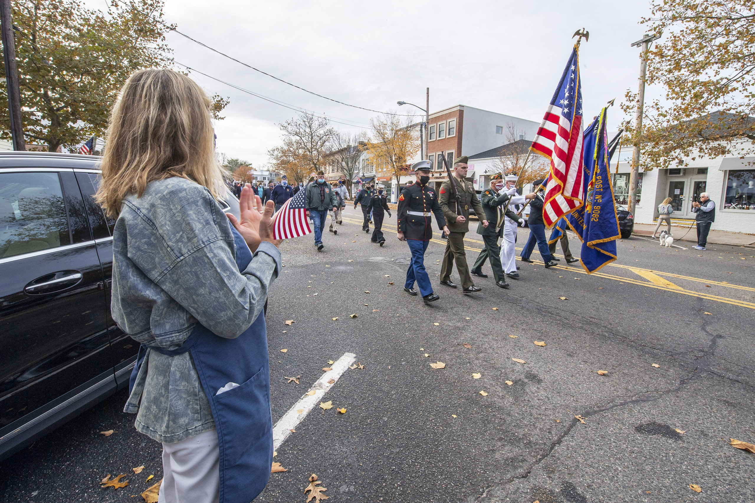 Sag Harbor veterans march down Main Street in Sag Harbor on the morning of Veteran's Day.