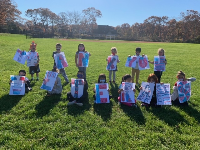 After learning about the meaning of Veterans Day, Westhampton Beach Elementary School first graders worked together to create red, white and blue letters that spelled out “Thank You Veterans.” 