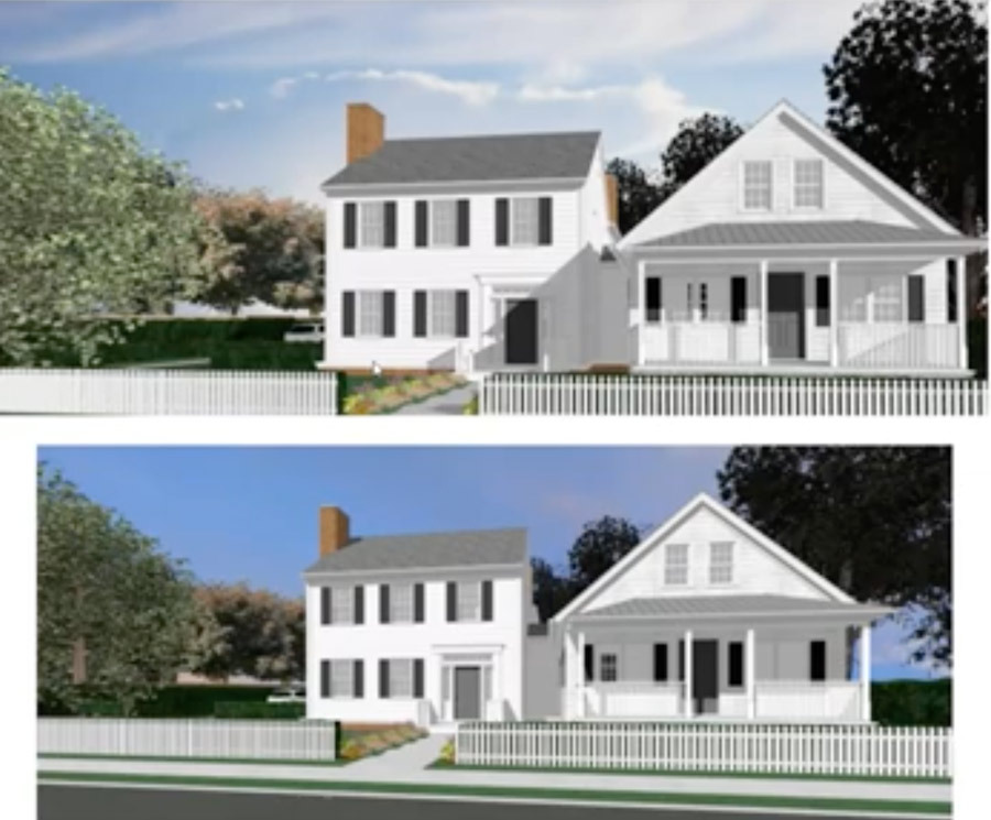 A rendering showing a new Greek Revival style addition with the original house on the right.