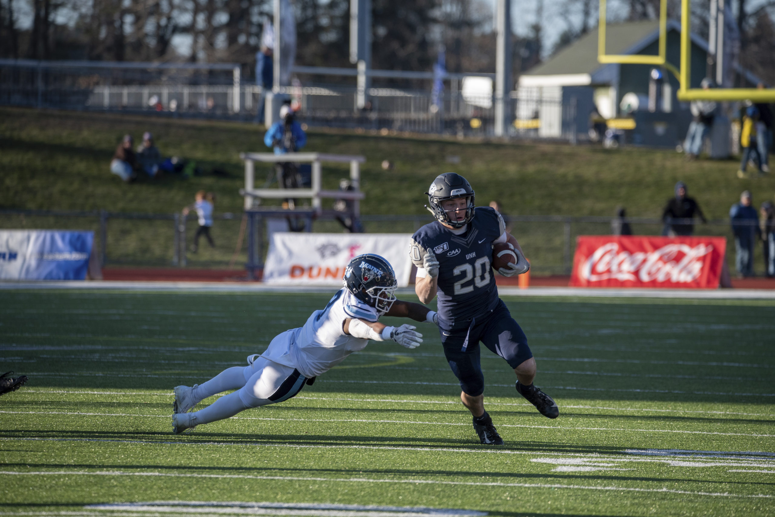 Westhampton Beach graduate Dylan Laube is in his junior season at the University of New Hampshire, trying to adjust to a new normal in the time of Covid-19. He and his UNH teammates are hoping they can play an abbreviated football season in the spring, and were allowed to practice this fall. 