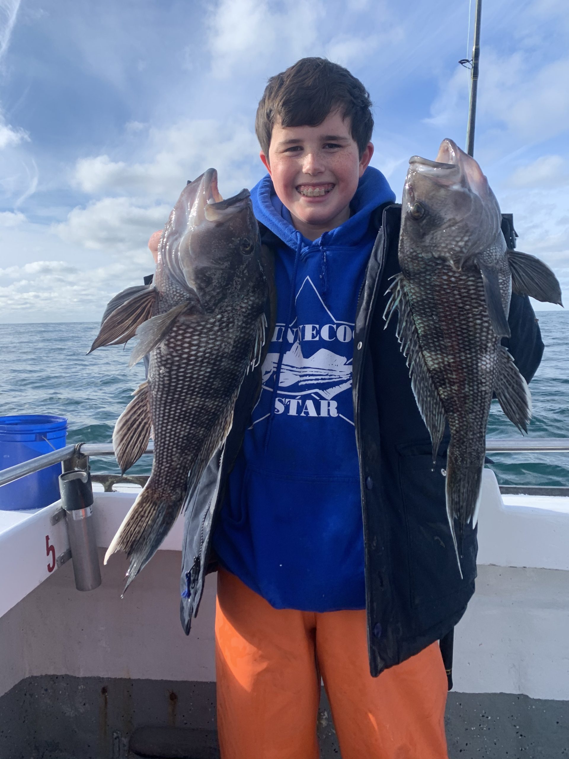 Kevin Kelly decked a couple of big black sea bass while fishing on the Shinnecock Star on Sunday.  Deena Lippman/Shinnecock Star