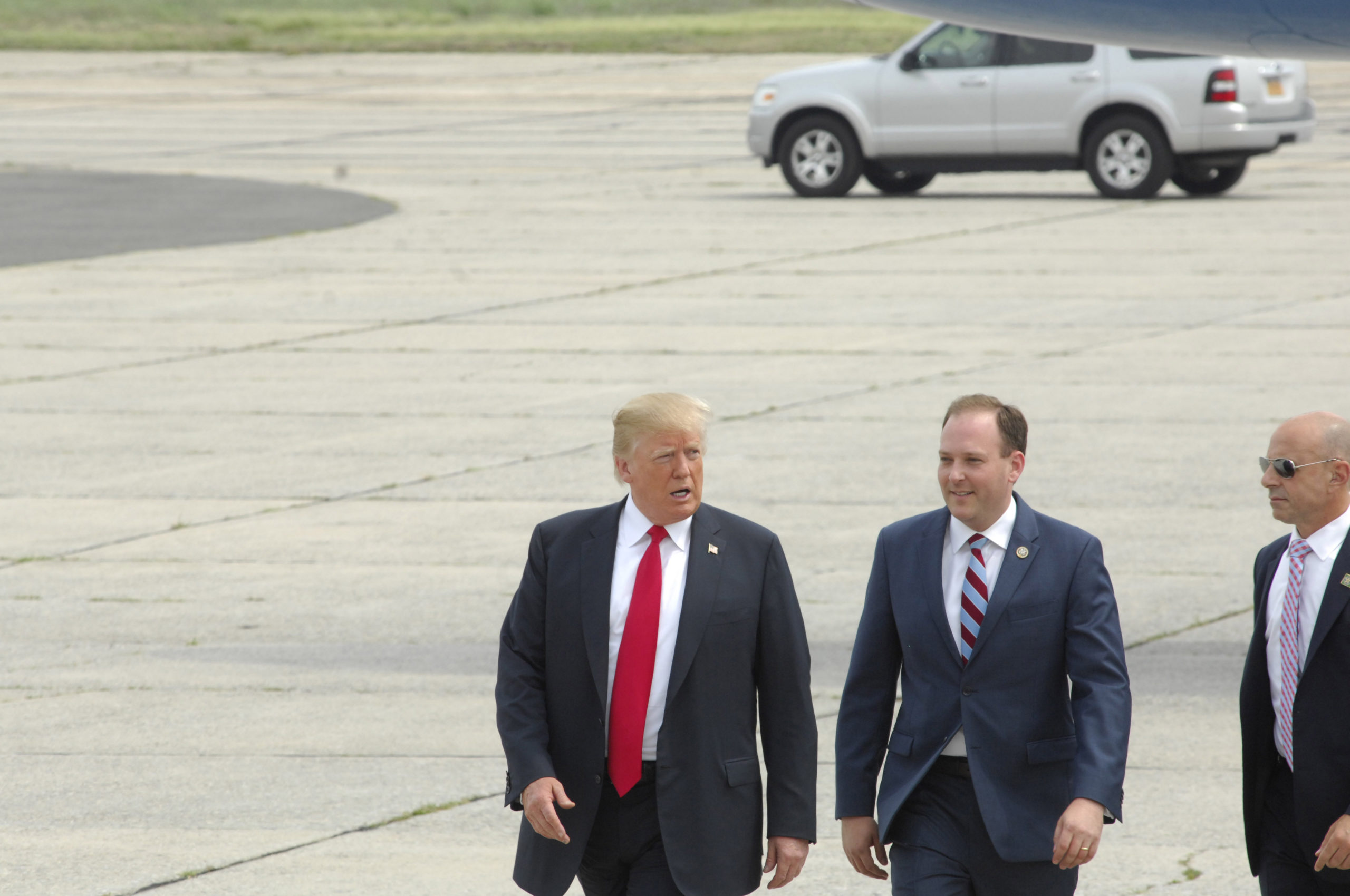 President Donald J. Trump with U.S. Representative Lee Zeldin at Gabreski Airport in 2018.  DANA SHAW