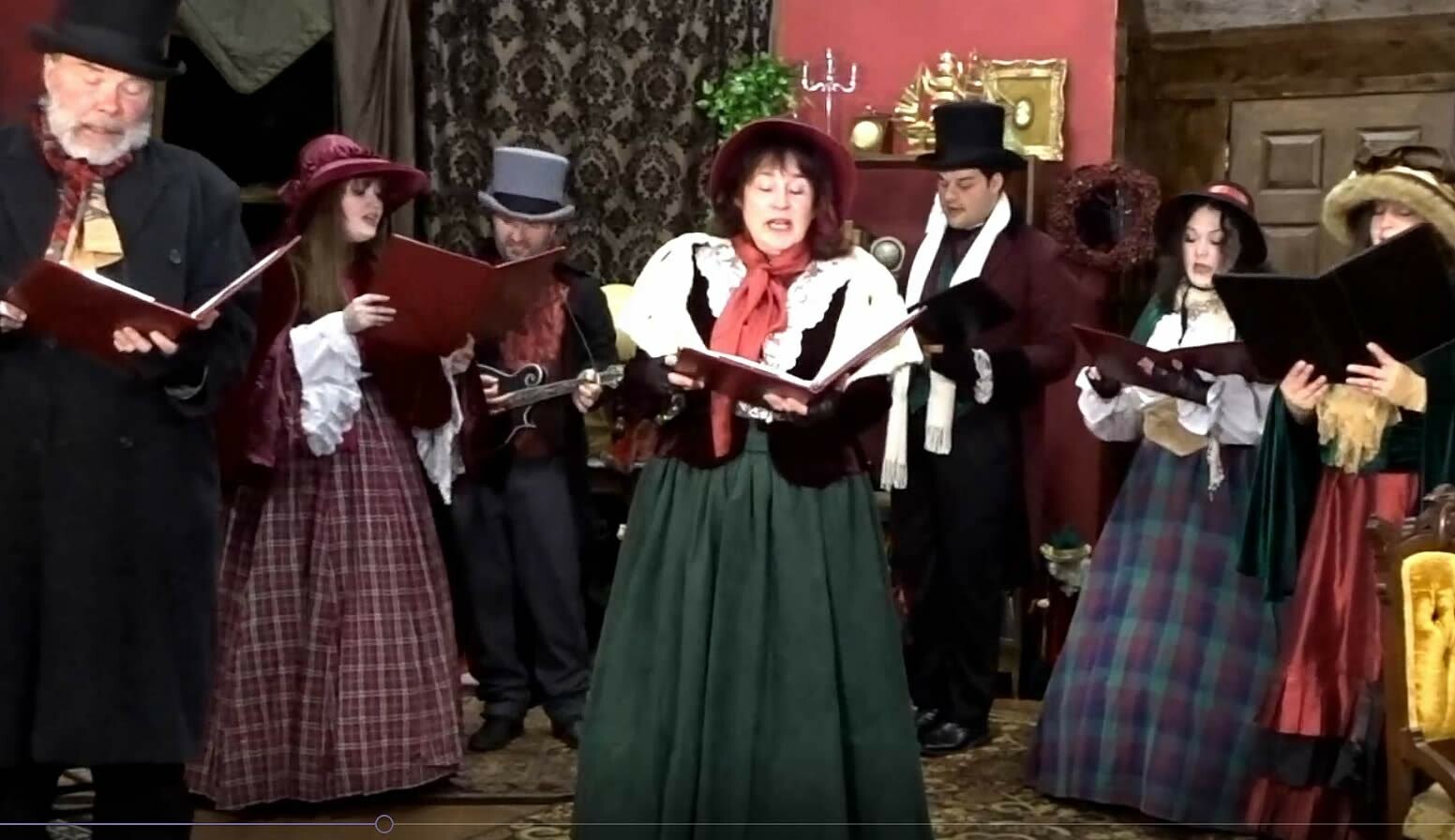 The Dickens Carolers performing at Southampton Cultural Center's virtual holiday event. From left, Ken Dorph, Rachel DeMasi, Paul DeMasi, Bonnie Grice, Ryan Hayes, Adriana Satornino, Jessie Haynes.