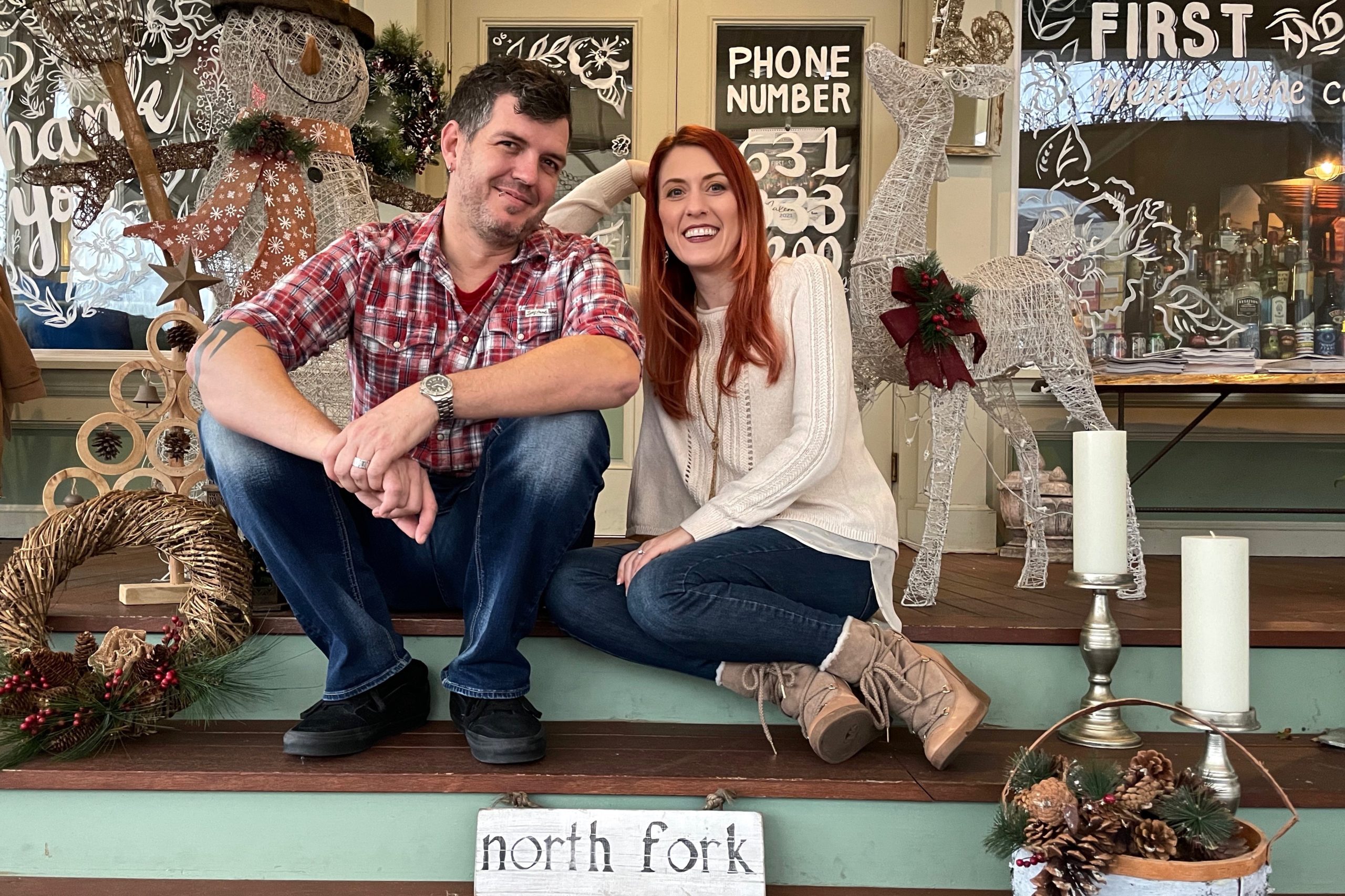 Husband and wife theater professionals Ethan Popp and Vanessa Leuck on the porch of Greenport’s First and South Restaurant & Bar where they are presenting a socially distanced one-man dinner theater production of 