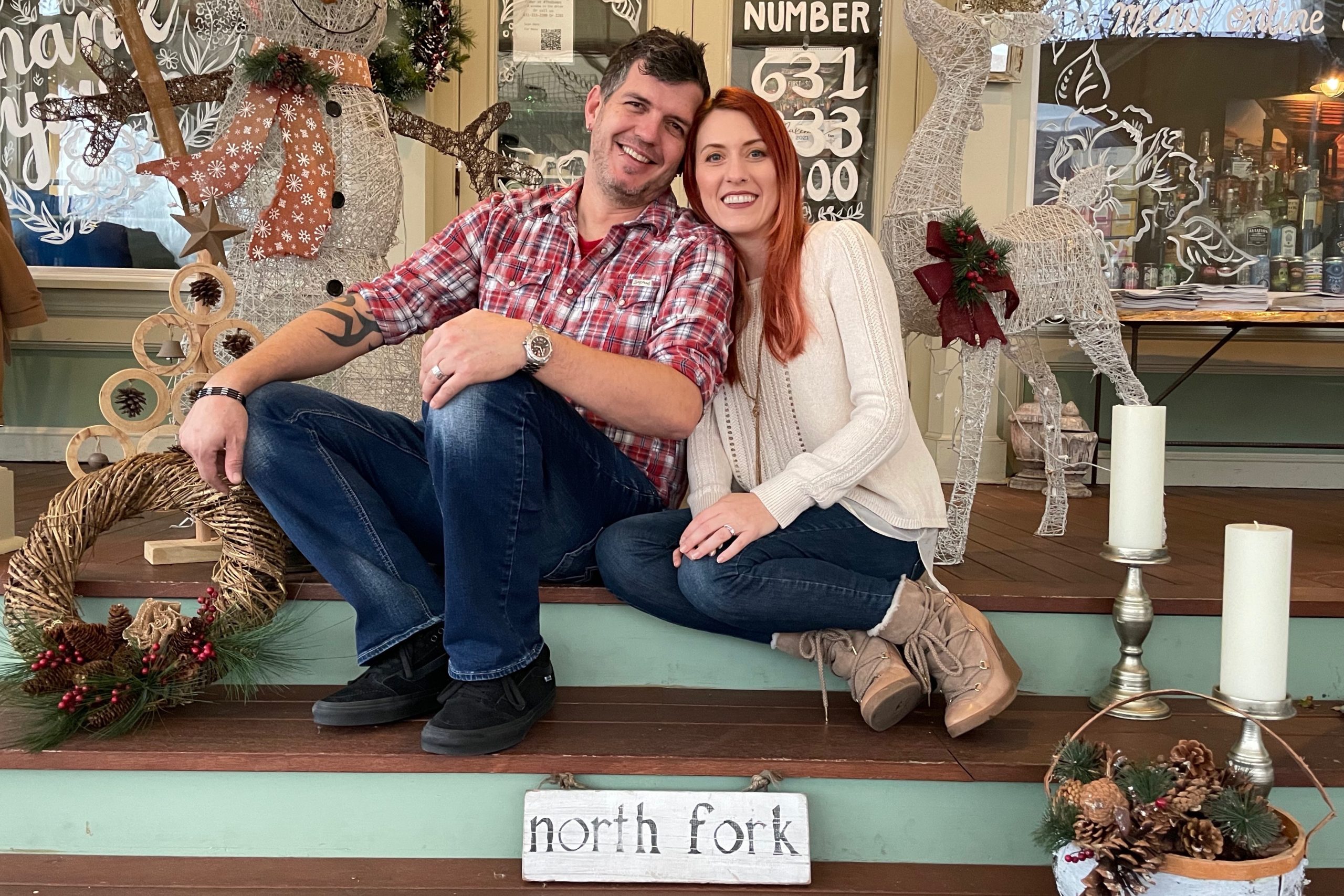 Husband and wife theater professionals Ethan Popp and Vanessa Leuck on the porch of Greenport’s First and South Restaurant & Bar where they are presenting a socially distanced one-man dinner theater production of 