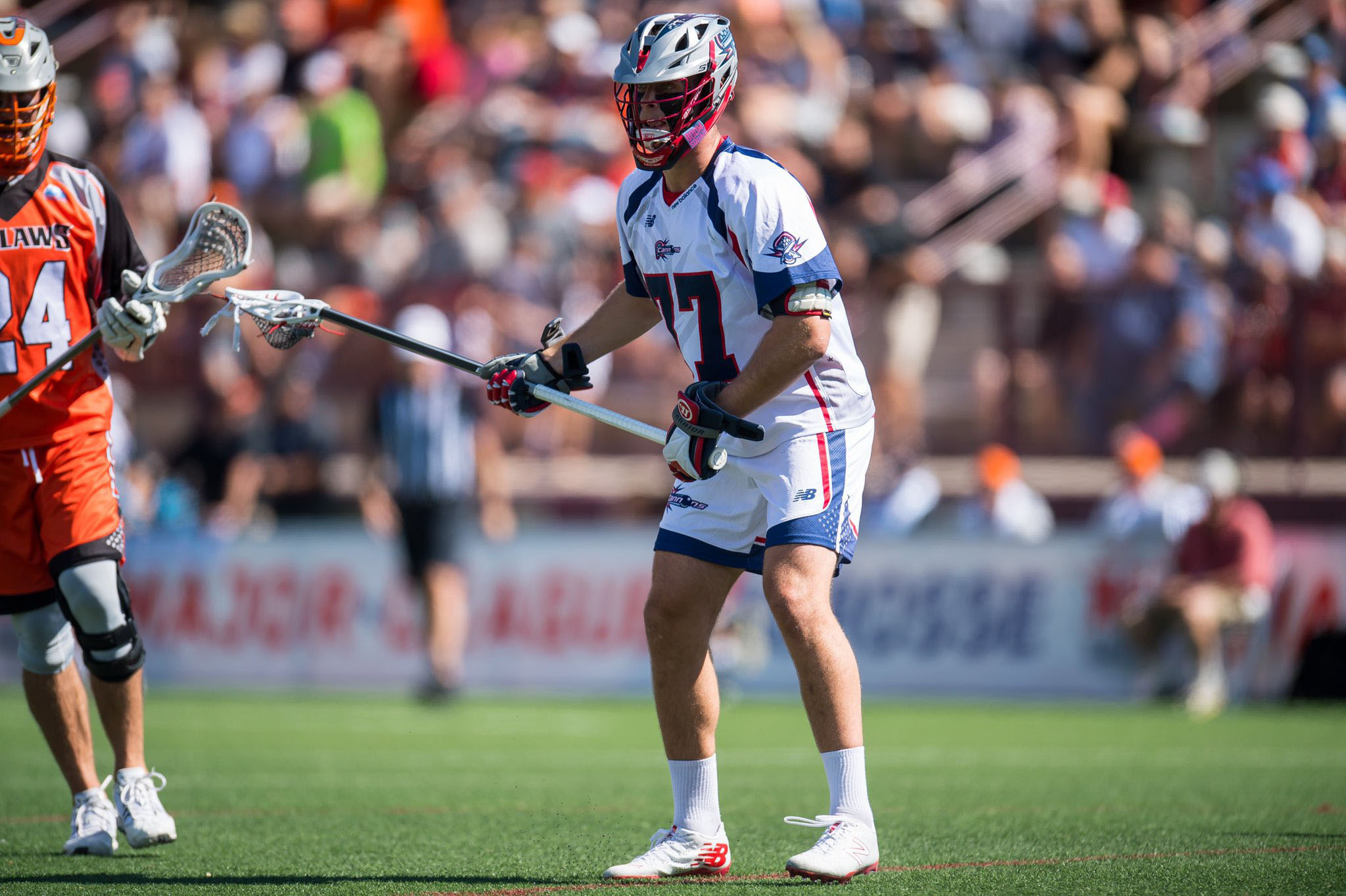 Eastport-South Manor graduate and Stony Brook University alumnus Justin Pugal playing defense for the Boston Cannons of Major League Lacrosse.  COURTESY JUSTING PUGAL