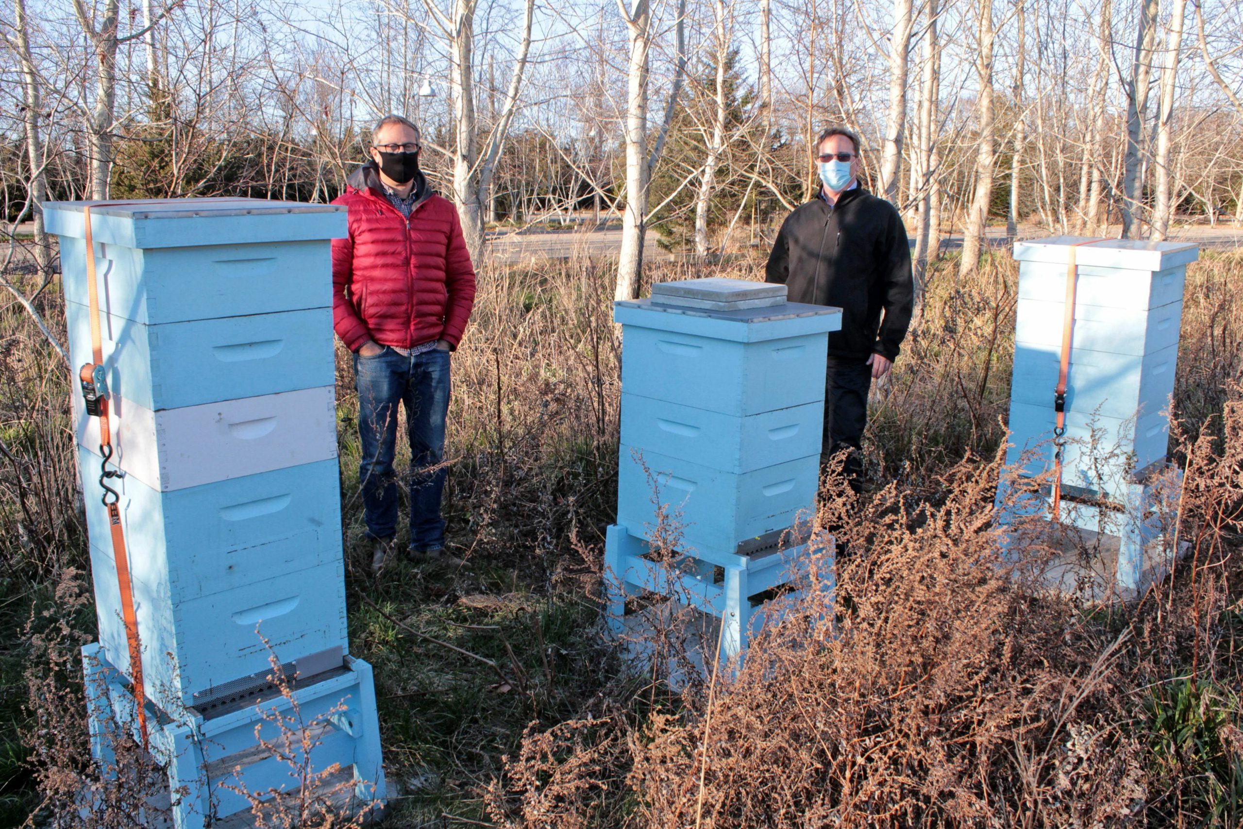 Beekeeper Tony Piazza, left, with Chris Siefert, Interim Director of the Parrish Art Musuem.  