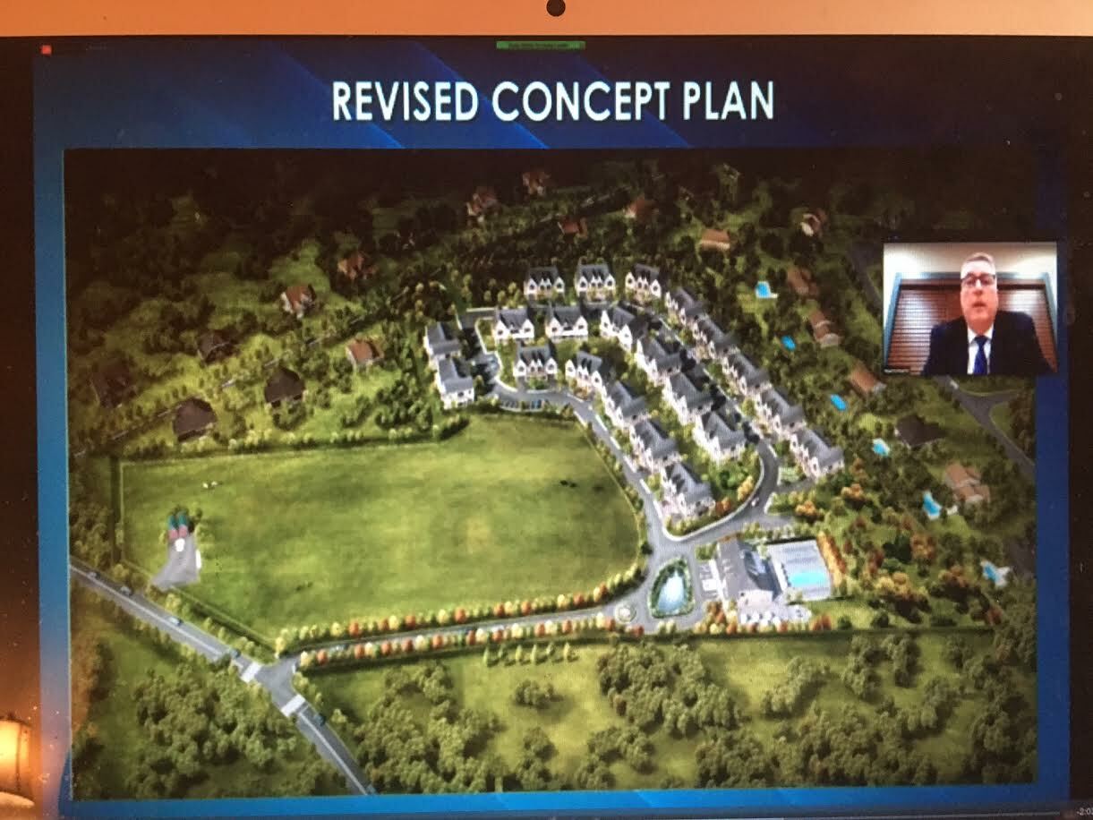 Attorney David Gilmartin (inset) displayed a revised concept plan during the Zoom teleconference. 