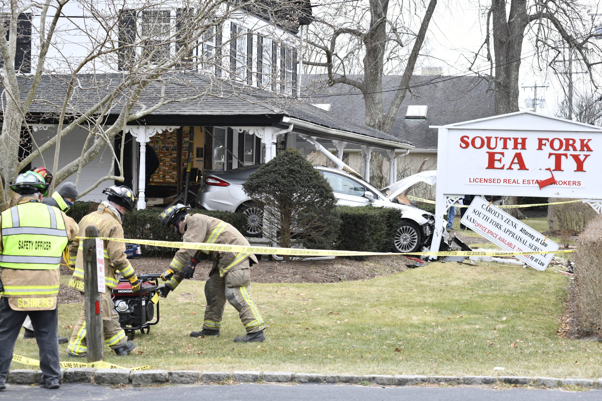 A car crashed into the South Fork Realty building in Hampton Bays on Sunday, January 31.