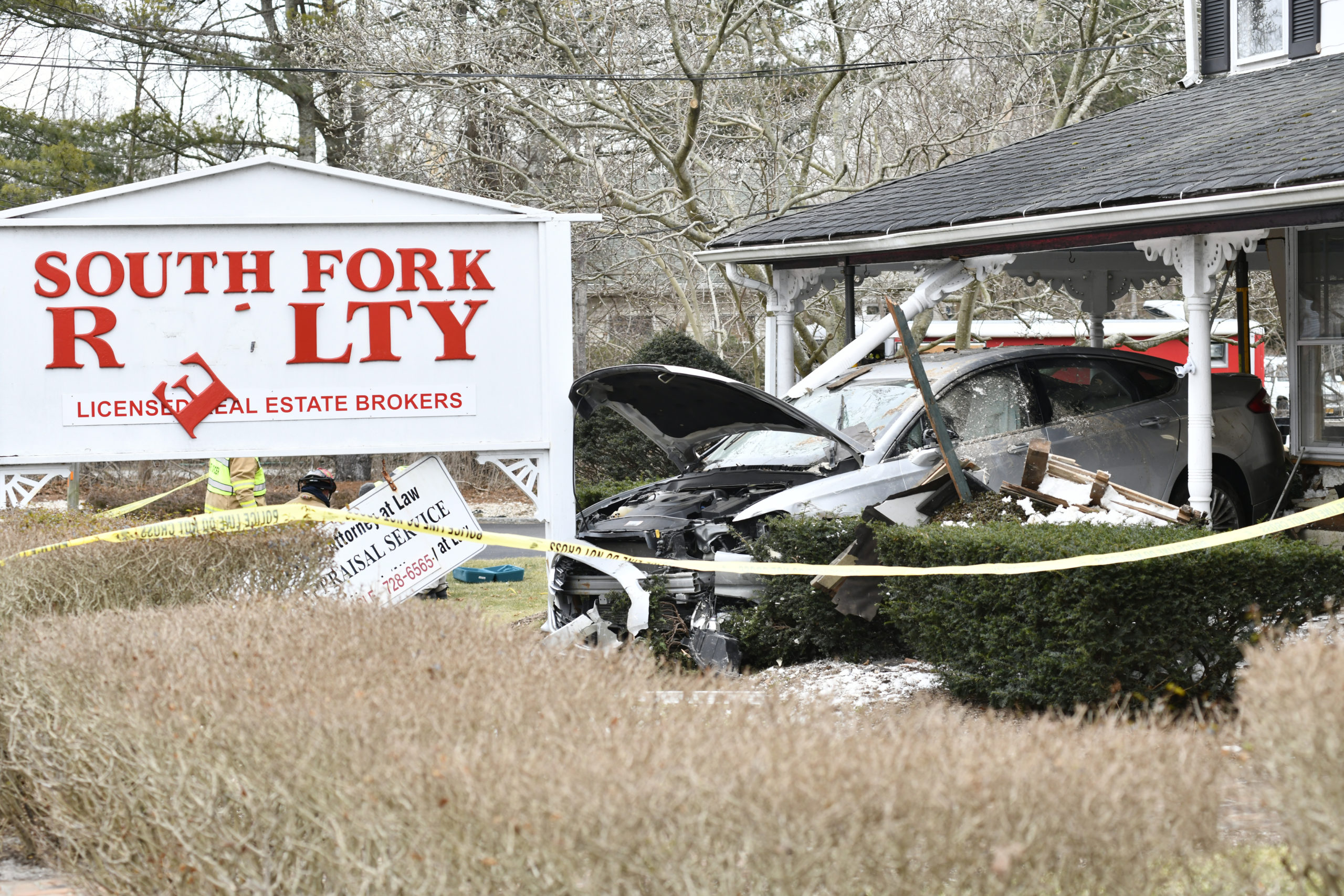 A car crashed into the South Fork Realty building in Hampton Bays on Sunday, January 31.