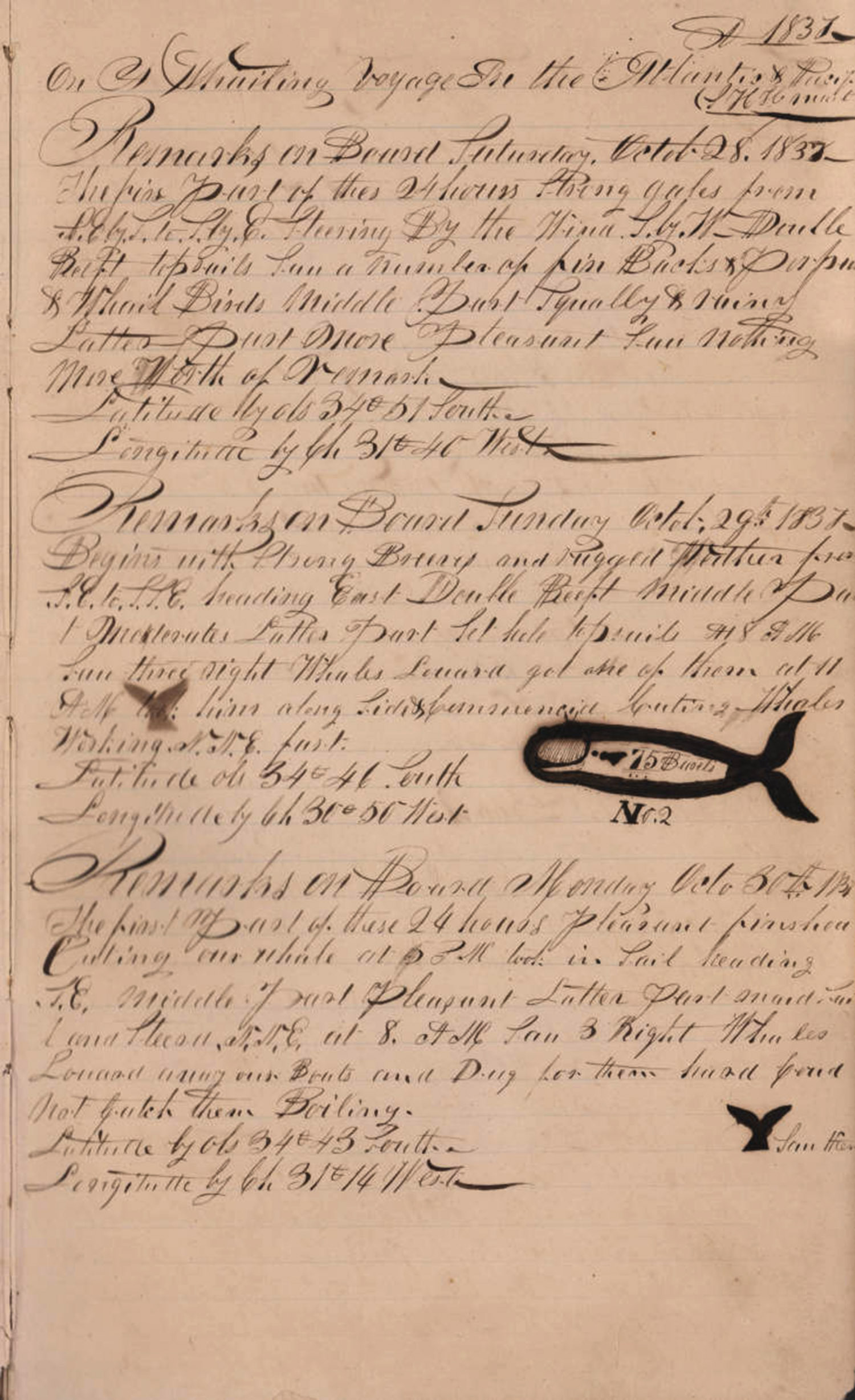 A page from the whaling log of the ship, Daniel Webster  on a voyage from Sag Harbor to the Pacific, 20 August 1833 - 12 May 1837 (dates contained in this journal are 27 August 1833 - 19 September 1833); owned by E. Mulford of Sag Harbor, commanded by Captain Philetus Pierson.  COURTESY OF THE EAST HAMPTON LIBRARY, LONG ISLAND COLLECTION