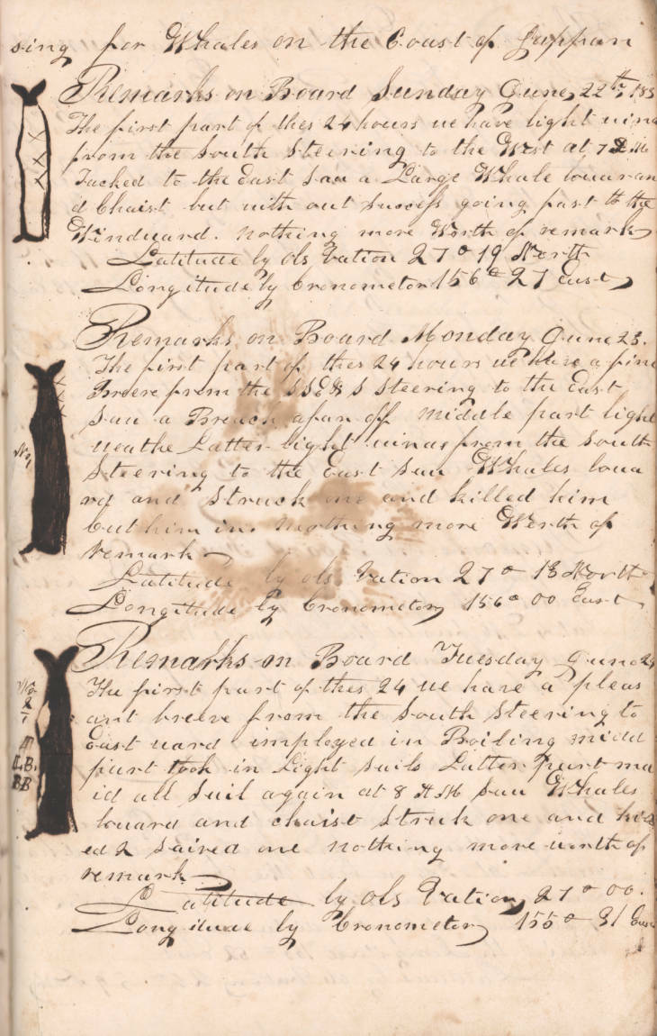 A page from the whaling log of the ship, Daniel Webster  on a voyage from Sag Harbor to the Pacific, 20 August 1833 - 12 May 1837 (dates contained in this journal are 27 August 1833 - 19 September 1833); owned by E. Mulford of Sag Harbor, commanded by Captain Philetus Pierson.  COURTESY OF THE EAST HAMPTON LIBRARY, LONG ISLAND COLLECTION