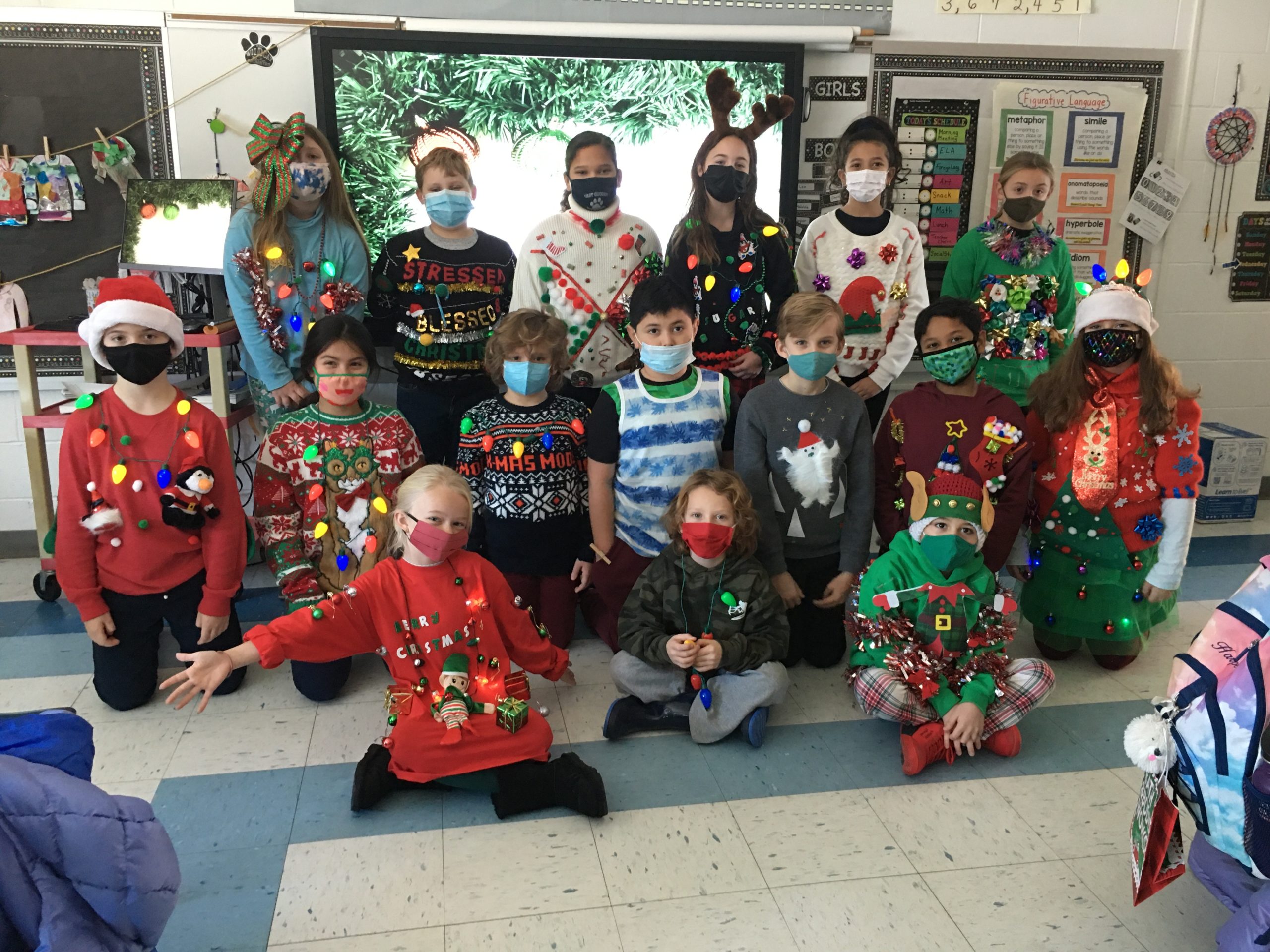 Students in Mrs. Eileen Variale’s class at East Quogue Elementary School show off their ugly sweaters.