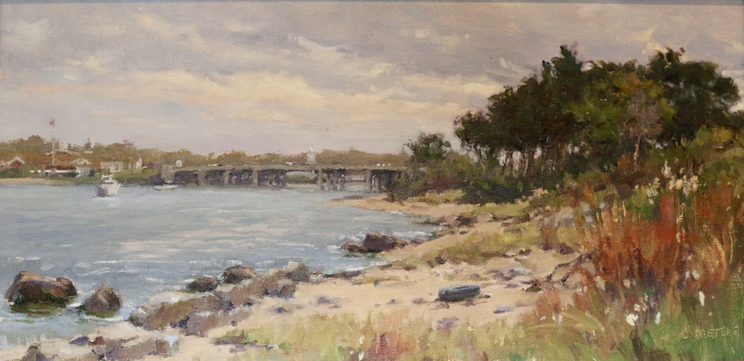 An oil painting of Sag Harbor seen from the North Haven shoreline that Susan Dusenberry recently donated to the village of North Haven. It is signed 