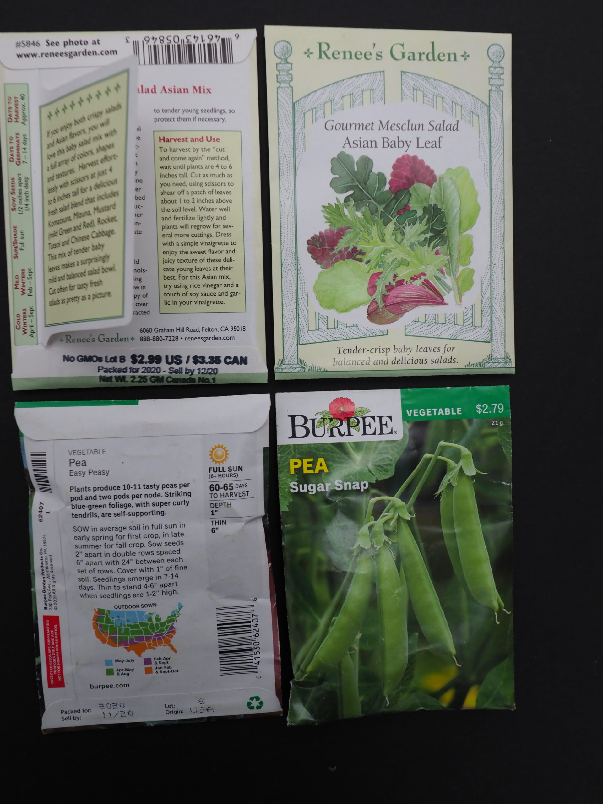 Renee’s seed packets (top) have three distinct text sections about the seed in the packet and the packet artwork is visually appealing. The information on the left (long) side includes both germination and days to harvest.  The Burpee seed packets offer much less for the new or inquisitive gardener.