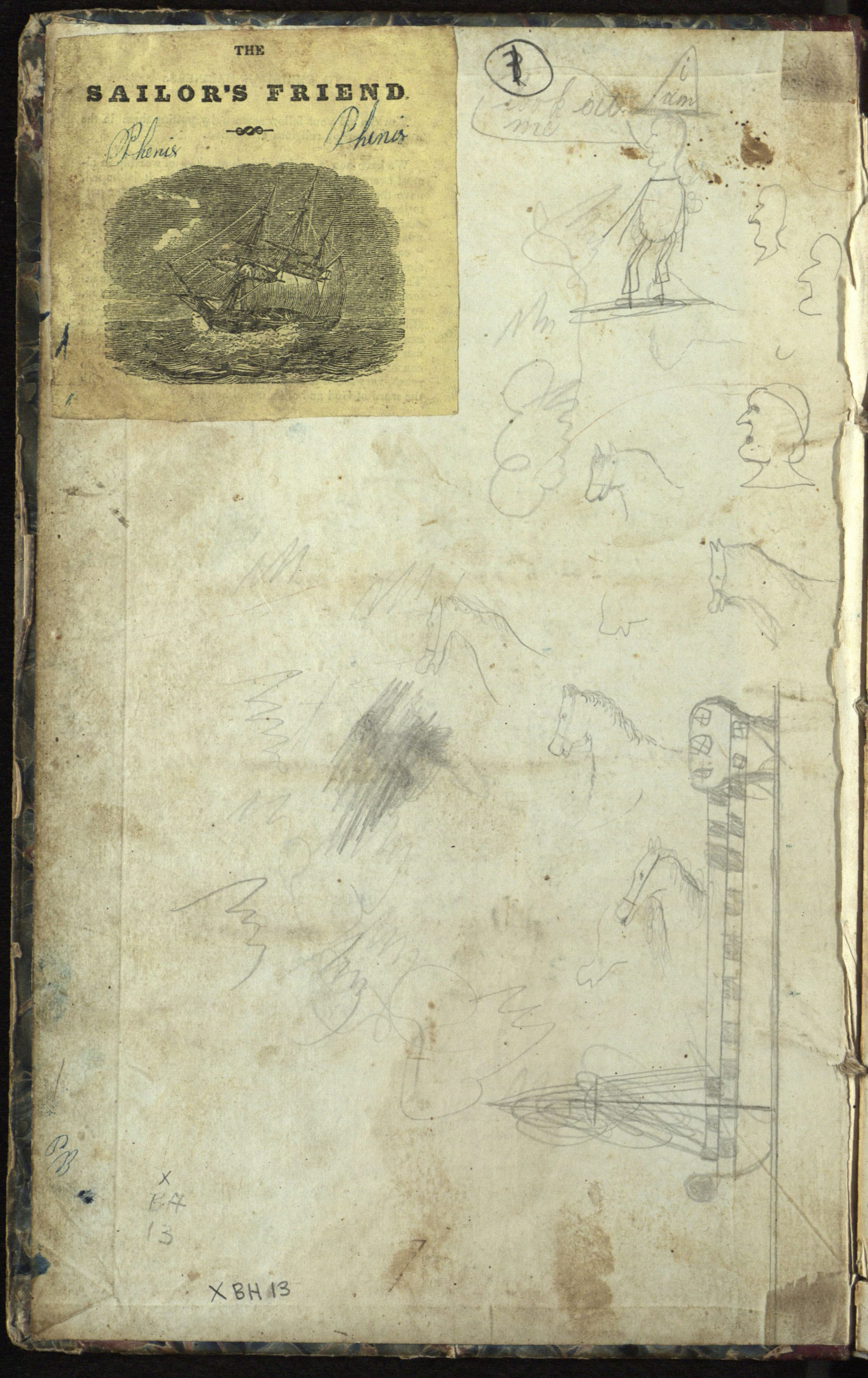 The cover of the  log of the whaling ship Phenix, on a voyage from Sag Harbor to the Northwest Coast, 10 October 1844 to 5 June 1847.  Journal abruptly ends, briefly picked up again for a few days in March 1847. The rest of the log contains  poems and sketches of buildings a schoolhouse in East Hampton  and churches in East Hampton and Sag Harbor.   COURTESY  EAST HAMPTON LIBRARY, LONG ISLAND COLLECTION