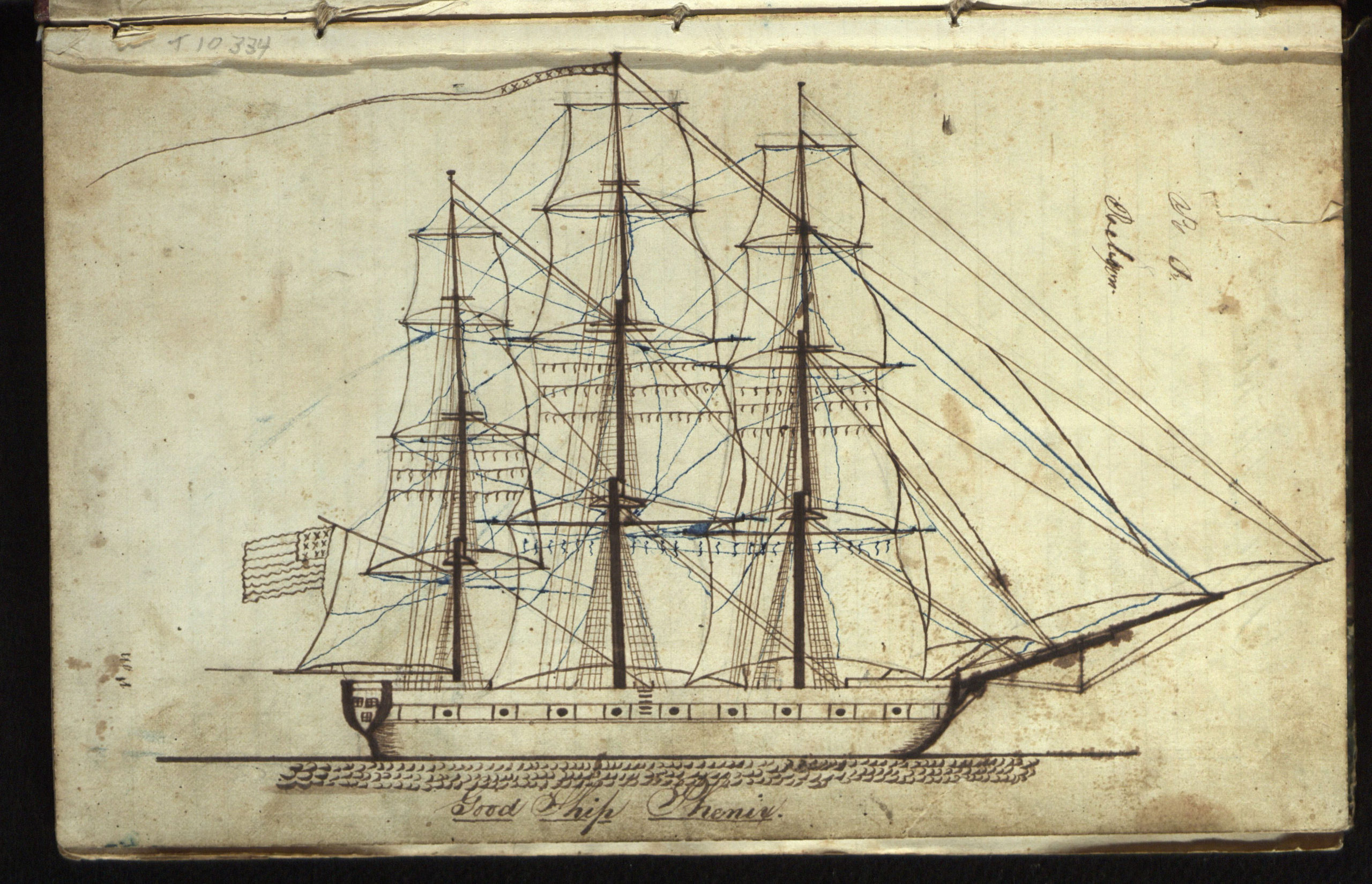 A rendering of the  whaling ship Phenix from the pages of its log. The Phenix was on a voyage from Sag Harbor to the Northwest Coast, 10 October 1844 to 5 June 1847.   COURTESY  EAST HAMPTON LIBRARY, LONG ISLAND COLLECTION