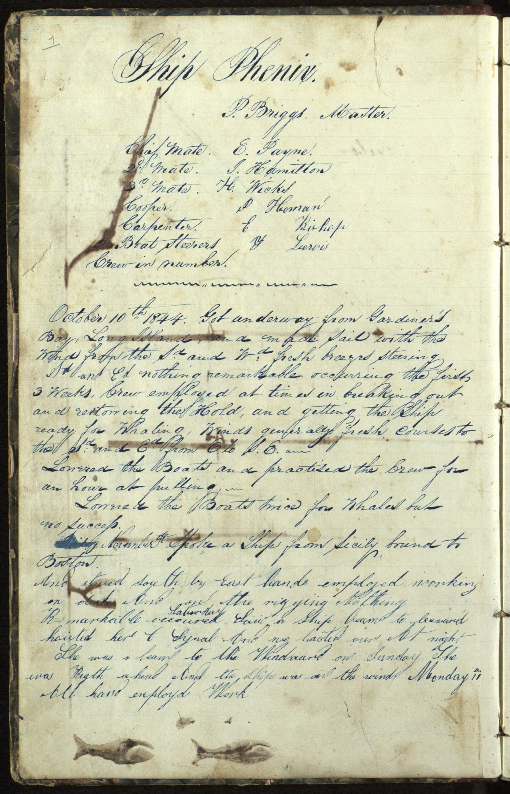 A page from the log of the whaling ship Phenix, on a voyage from Sag Harbor to the Northwest Coast, 10 October 1844 to 5 June 1847.  Journal abruptly ends, briefly picked up again for a few days in March 1847. The rest of the log contains  poems and sketches of buildings a schoolhouse in East Hampton  and churches in East Hampton and Sag Harbor.   COURTESY  EAST HAMPTON LIBRARY, LONG ISLAND COLLECTION