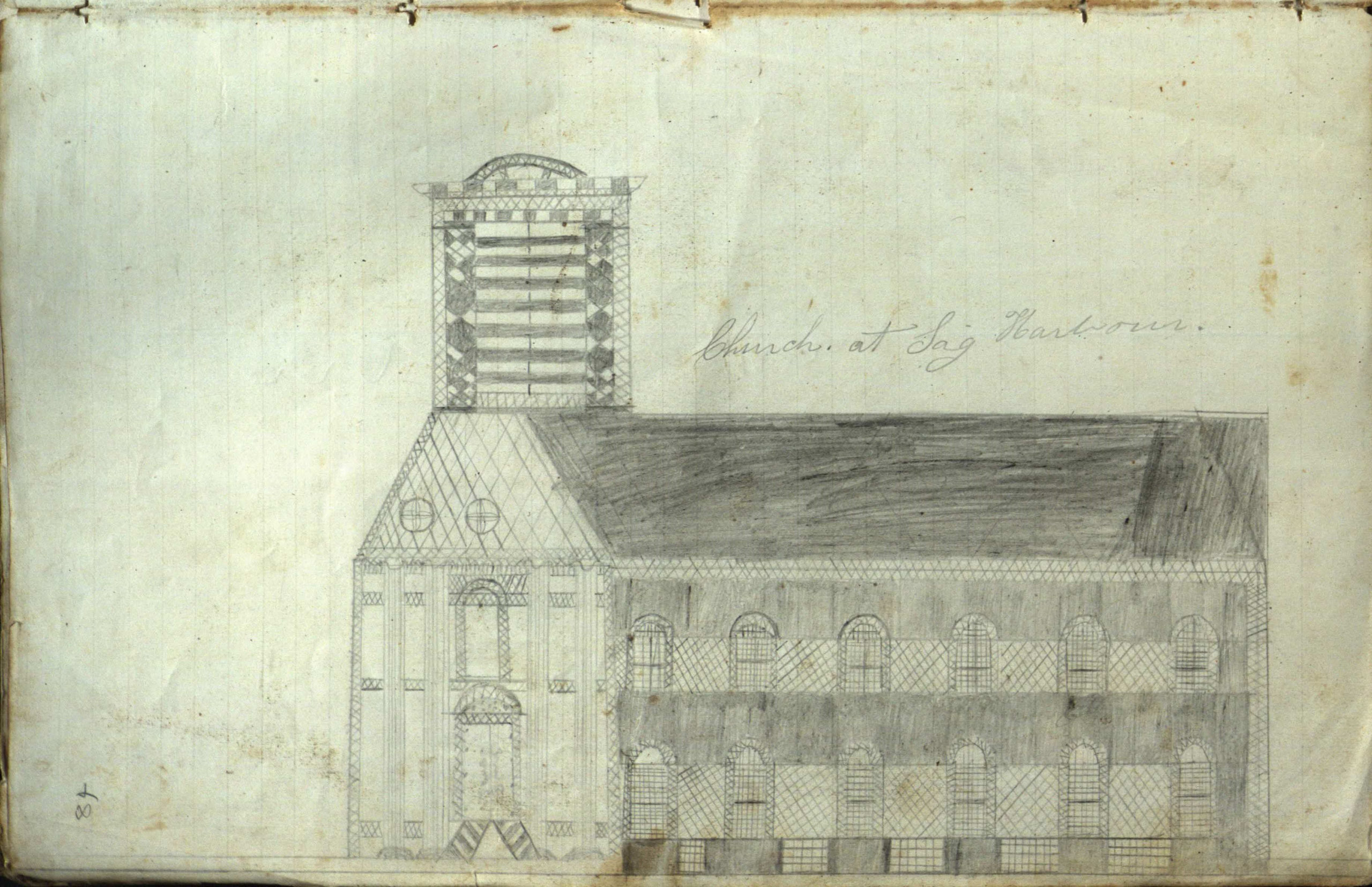 A sketch of a Sag Harbor church from the log of the whaling ship Phenix. The log contains  poems and sketches of buildings a schoolhouse in East Hampton  and churches in East Hampton and Sag Harbor.   COURTESY  EAST HAMPTON LIBRARY, LONG ISLAND COLLECTION