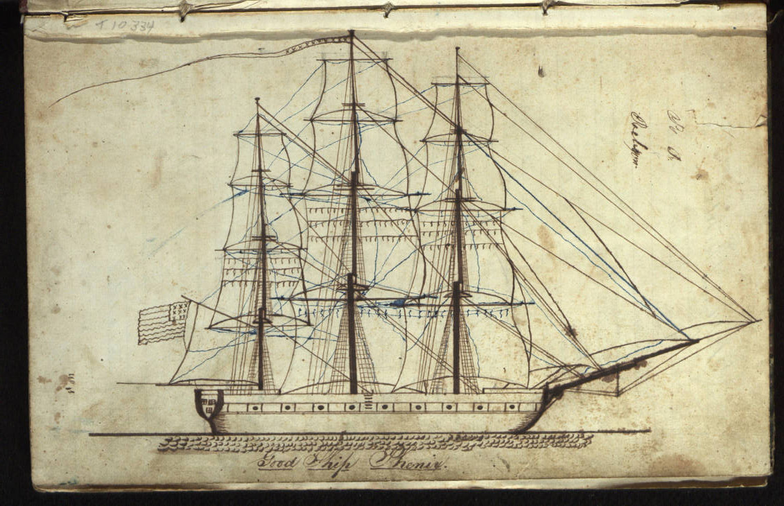 A rendering of the  whaling ship Phenix from the pages of its log. The Phenix was on a voyage from Sag Harbor to the Northwest Coast, 10 October 1844 to 5 June 1847 (dates contained in this journal are 10 October 1845 - 4 July 1846, 10 March 1847 - 13 March 1847); owned by Cook & Green, commanded by Captain Samuel Percival Briggs. Journal abruptly ends, briefly picked up again for a few days in March 1847. The rest of the log contains  poems and sketches of buildings a schoolhouse in East Hampton  and churches in East Hampton and Sag Harbor.   COURTESY  EAST HAMPTON LIBRARY, LONG ISLAND COLLECTION