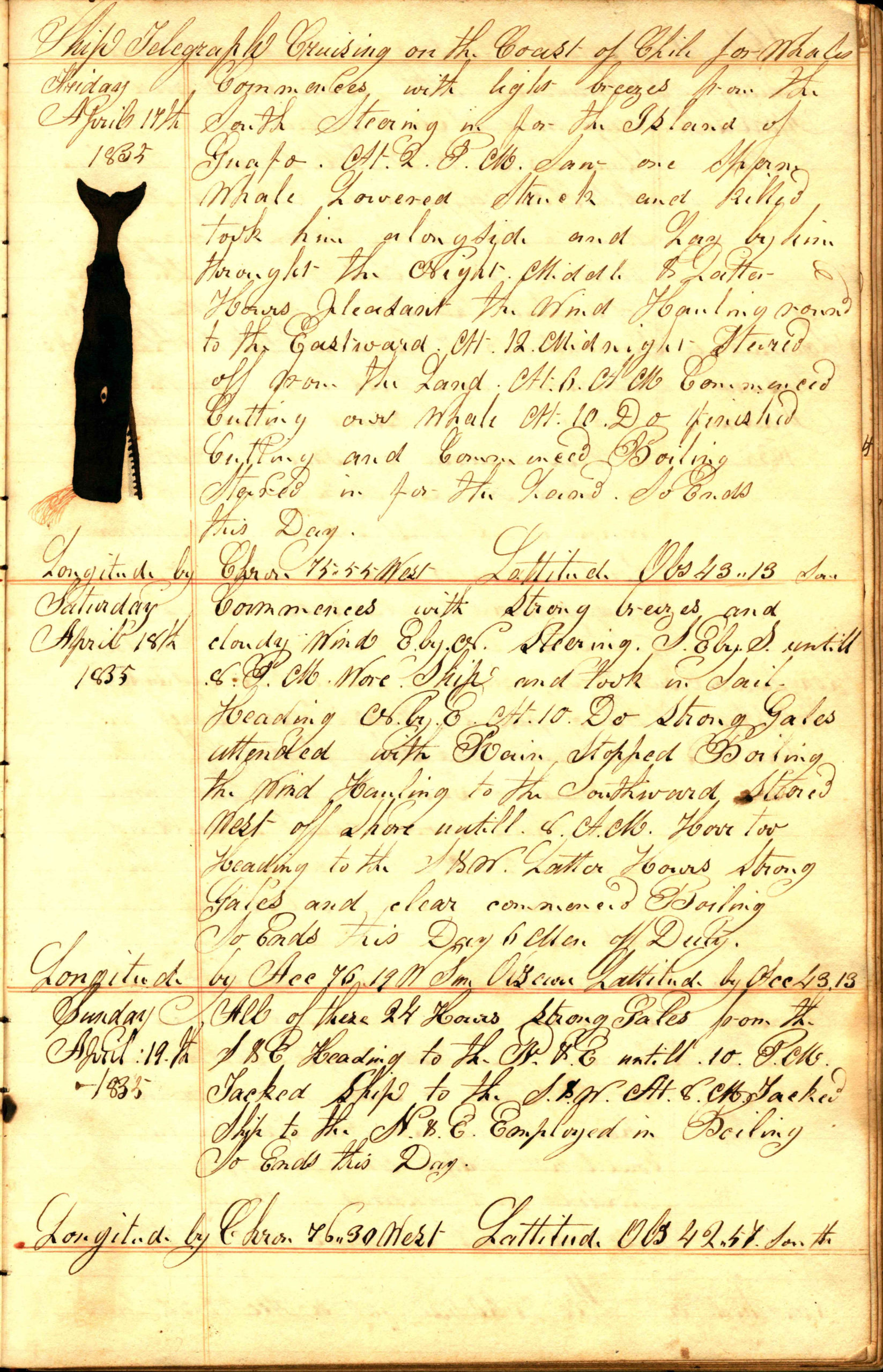 A page taken from the whaling ship Telegraph, on a voyage from Sag Harbor to the South Atlantic Ocean and Oceania, 21 October 1834 - 21 May 1836.    COURTESY EAST HAMPTON LIBRARY, LONG ISLAND COLLECTION