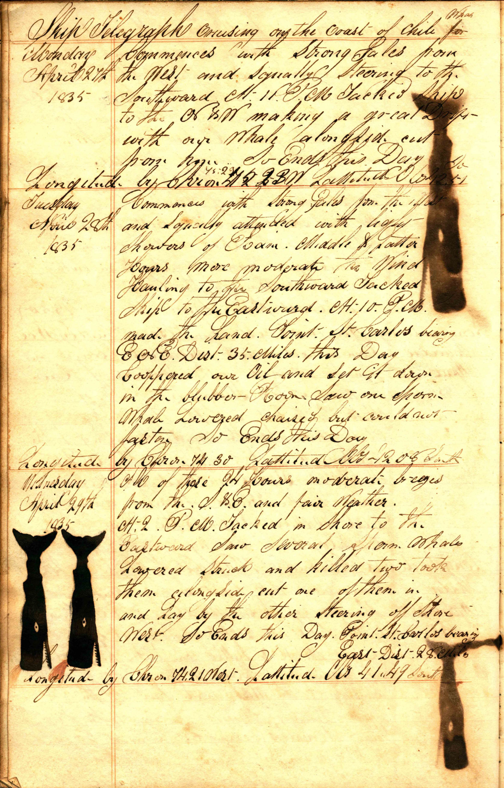 A page taken from the whaling ship Telegraph, on a voyage from Sag Harbor to the South Atlantic Ocean and Oceania, 21 October 1834 - 21 May 1836.    COURTESY EAST HAMPTON LIBRARY, LONG ISLAND COLLECTION