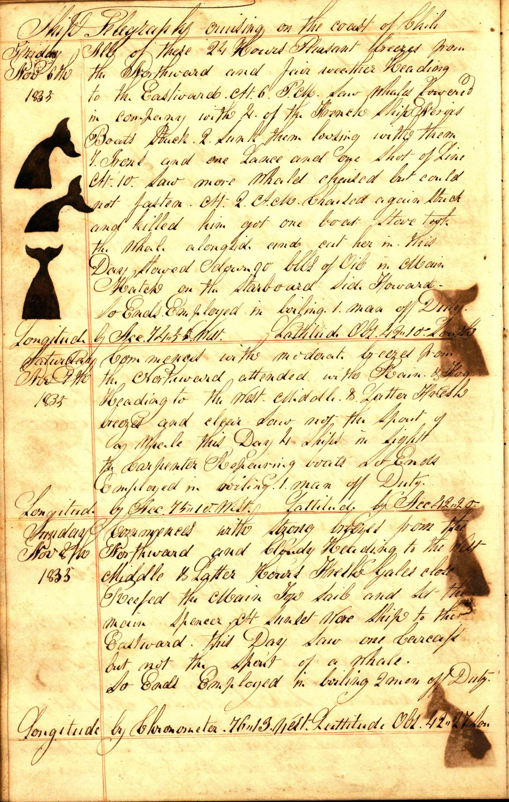 A page taken from the whaling ship Telegraph, on a voyage from Sag Harbor to the South Atlantic Ocean and Oceania, 21 October 1834 - 21 May 1836.    COURTESY EAST HAMPTON LIBRARY, LONG ISLAND COLLECTION