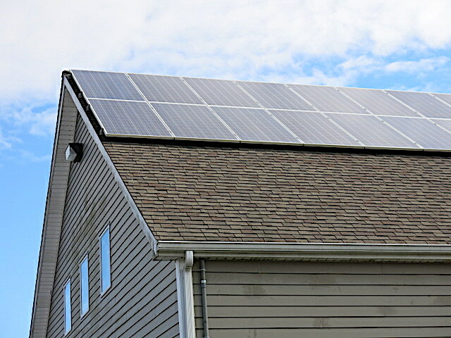 Solar panels on the roof of the Unitarian Universalist Meetinghouse in Bridgehampton.
