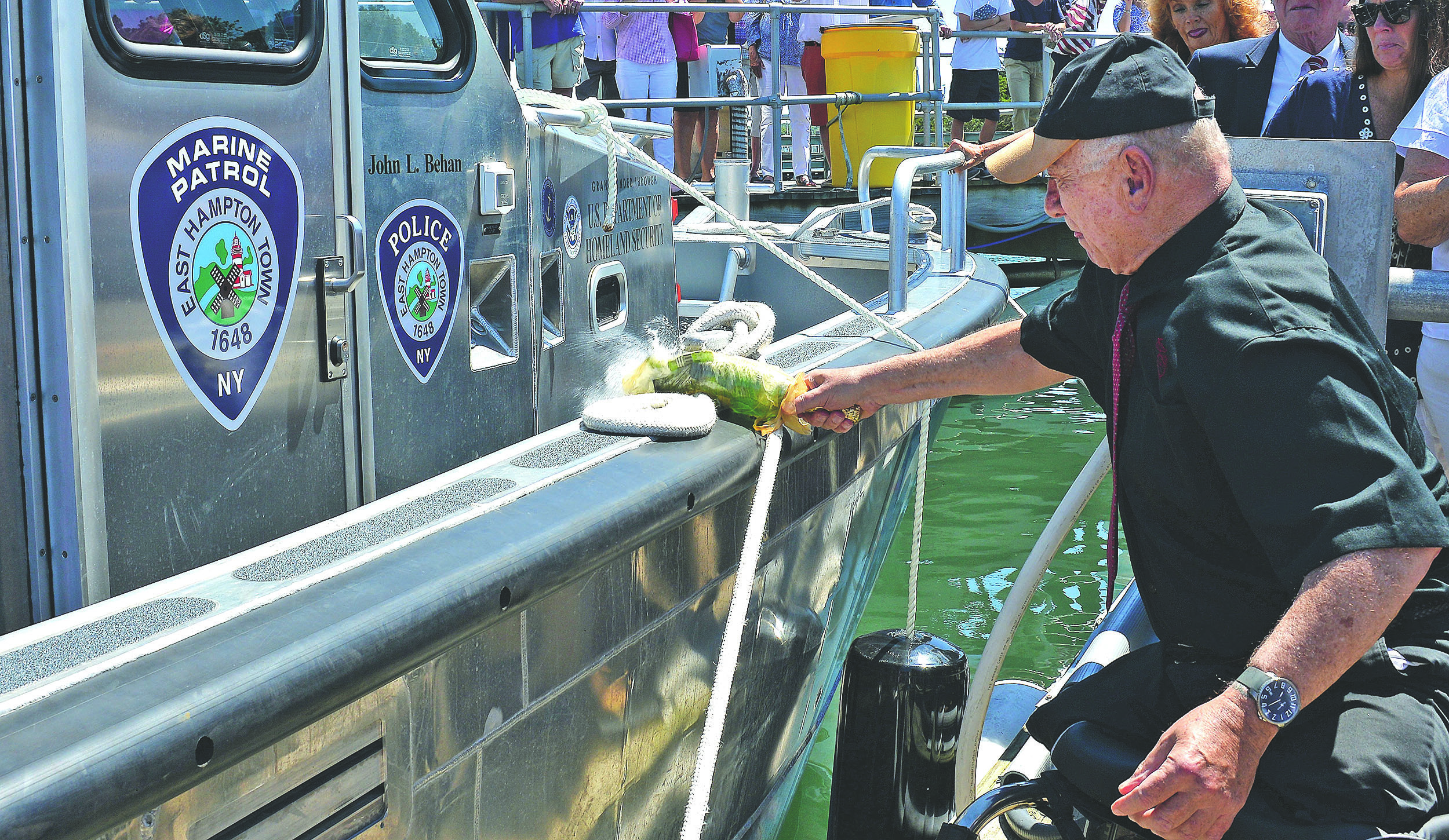 John L. Behan at the christening of the East Hampton Town marine patrol vessel named in his honor in August of 2017. EXPRESS FILE