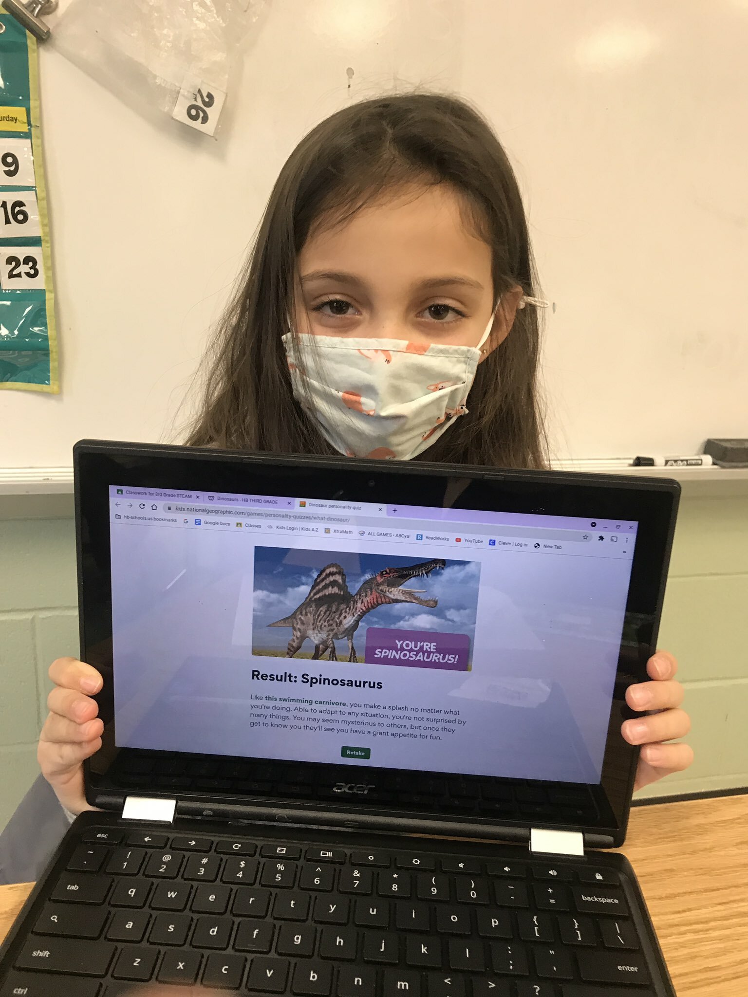 After learning about fossils and dinosaurs, the third graders in Karen Lombardo’s class at Hampton Bays Elementary School discovered what type of dinosaur they would be. The personality test was completed using a National Geographic application. Students were surprised to learn that they could have been a Stegosaurus or even a Tyrannosaurus rex.