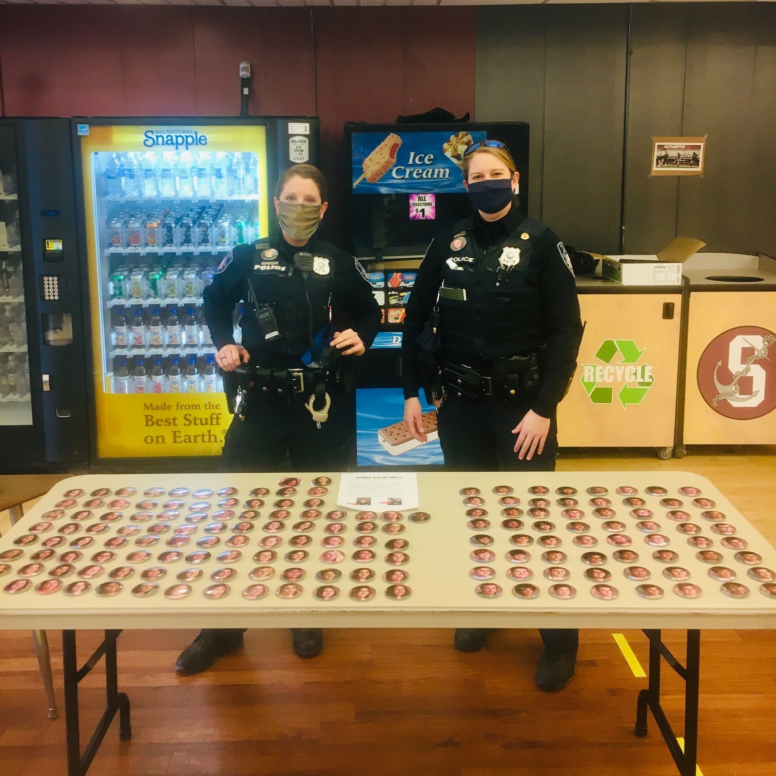 Southampton school resource officers Tiffany Lubold and Lisa McCulley are providing every student and staff member in the Southampton School District with personalized buttons as part of a Smile Campaign.