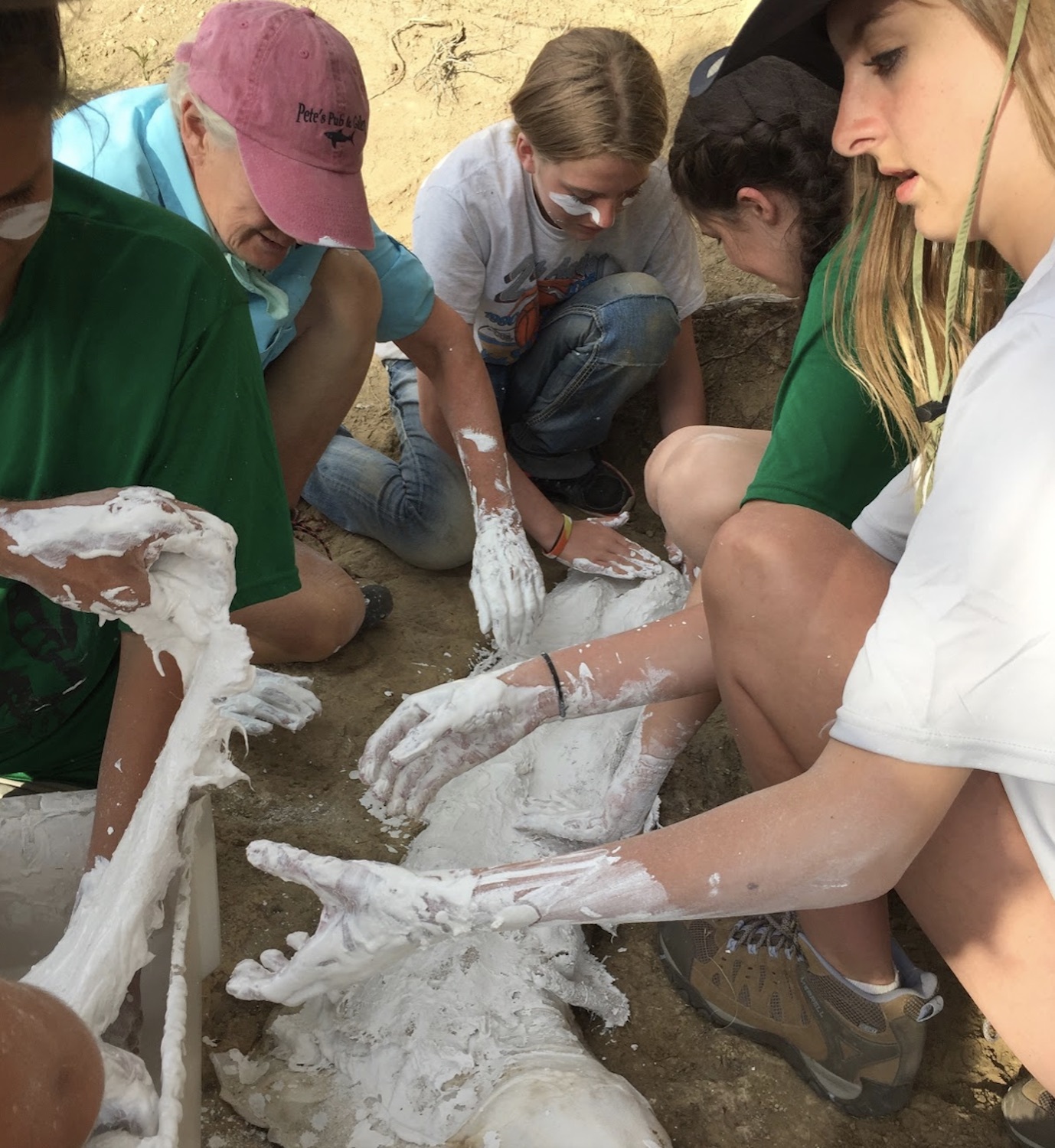 Westhampton Beach middle and high school students coat the dinosaur bone in a protective layer of plaster. Courtesy Westhampton Beach Union Free School District