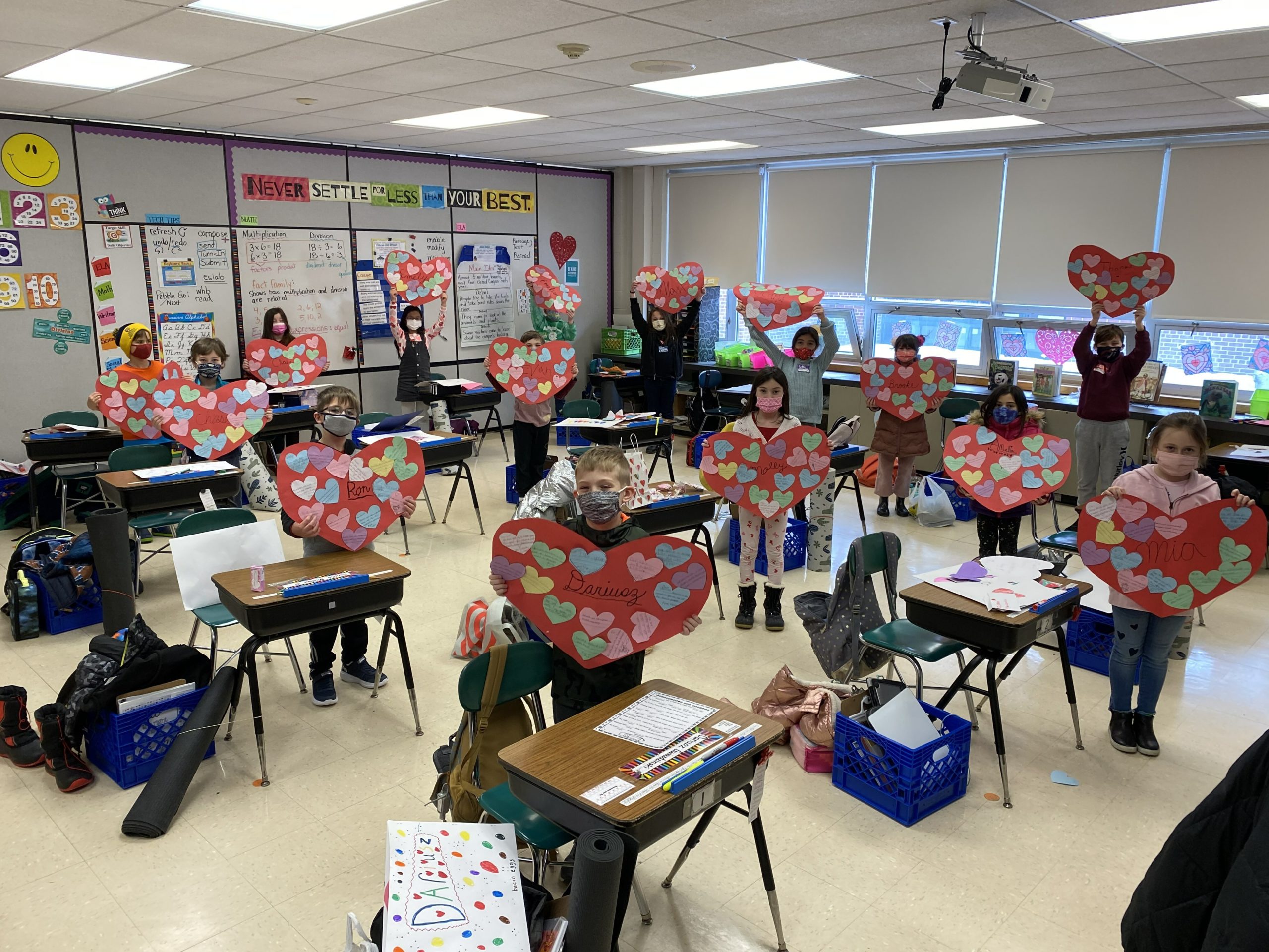 To spread the love for Valentine’s Day, Rosalie Gilhauley’s third grade class at Westhampton Beach Elementary School made collages out of life-size paper candy hearts. The students adorned the hearts with messages of kindness that they wrote to each other.