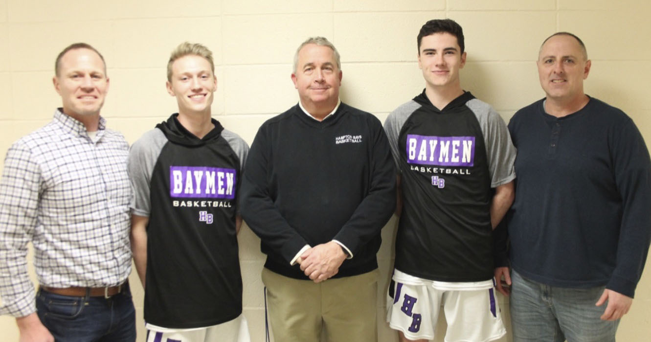 New Hampton Bays head coach Noah Brown, his son Lucas, former coach Pete Meehan, and Jaden and Brendan Ottati. Noah and Brendan played on Meehan's first team, and their sons on his last.